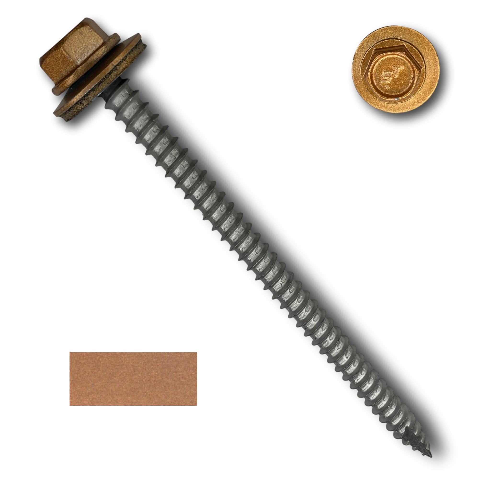 A number 14 Diameter Metal Roofing Screw that is 4 inches long with a 5/16 inch Hex Head and an EPDM Rubber Washer. The screw features a Type 17 sharp tip for drilling into wood decking. There is a color swatch of the screw head in the bottom left corner and a close-up of the screw head in the top right corner. The screw head is Copper Metallic in color.
