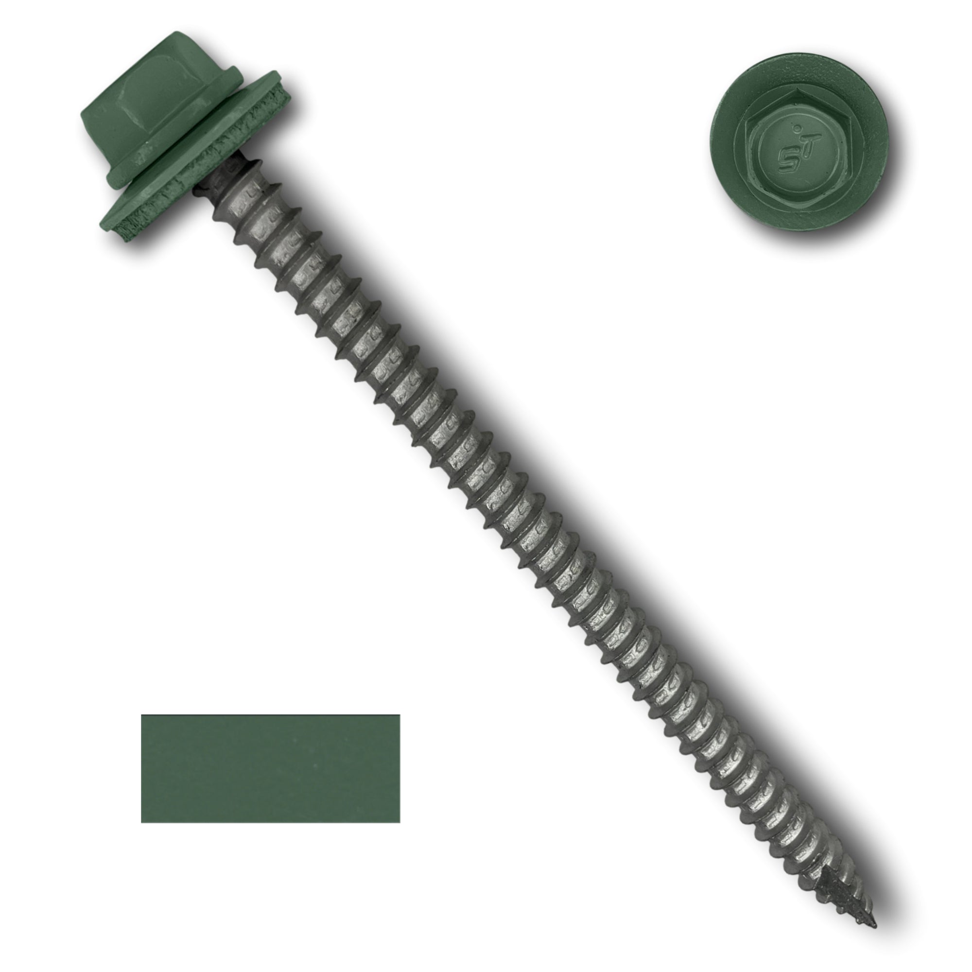 A number 14 Diameter Metal Roofing Screw that is 4 inches long with a 5/16 inch Hex Head and an EPDM Rubber Washer. The screw features a Type 17 sharp tip for drilling into wood decking. There is a color swatch of the screw head in the bottom left corner and a close-up of the screw head in the top right corner. The screw head is Evergreen in color.