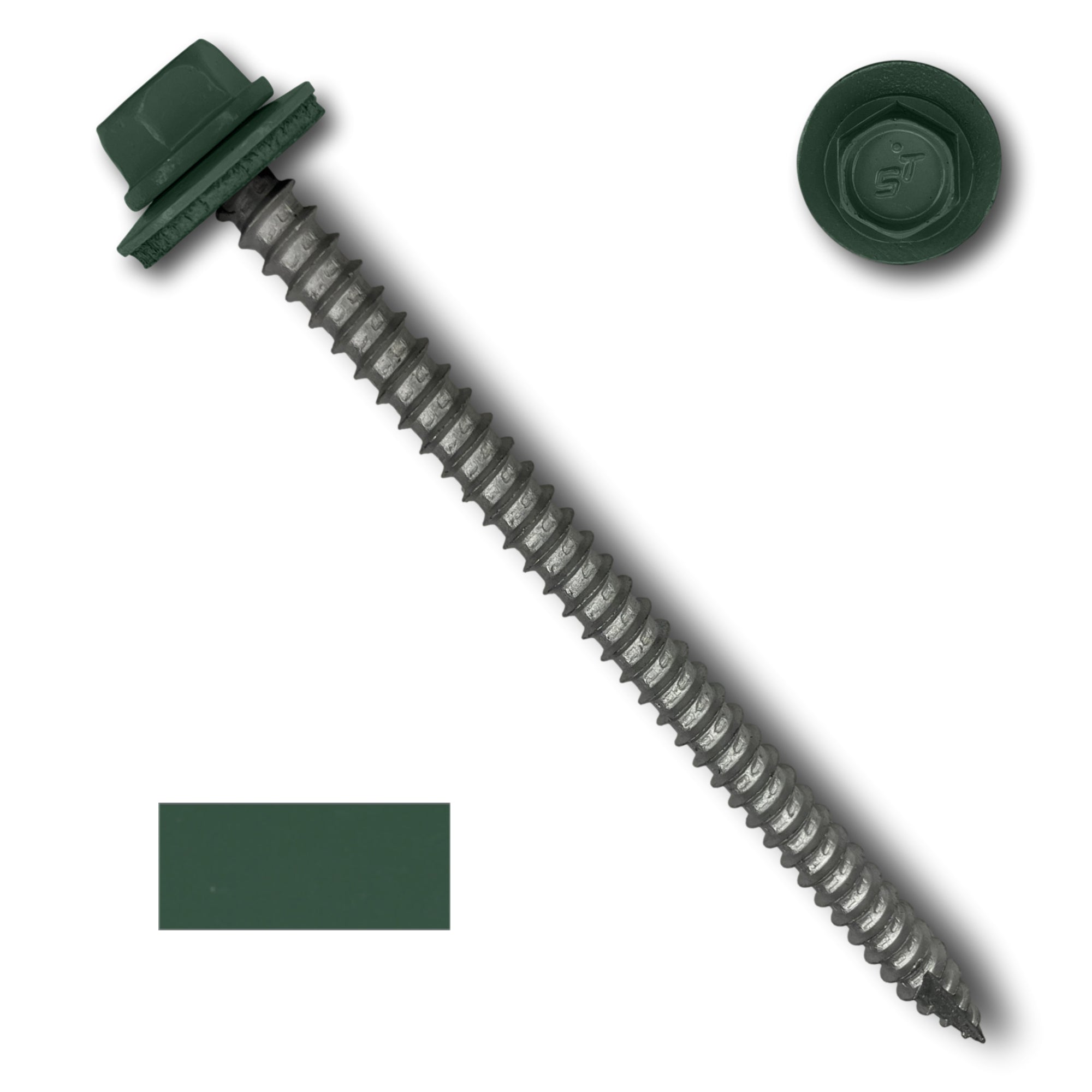 A number 14 Diameter Metal Roofing Screw that is 4 inches long with a 5/16 inch Hex Head and an EPDM Rubber Washer. The screw features a Type 17 sharp tip for drilling into wood decking. There is a color swatch of the screw head in the bottom left corner and a close-up of the screw head in the top right corner. The screw head is Forest Green in color.