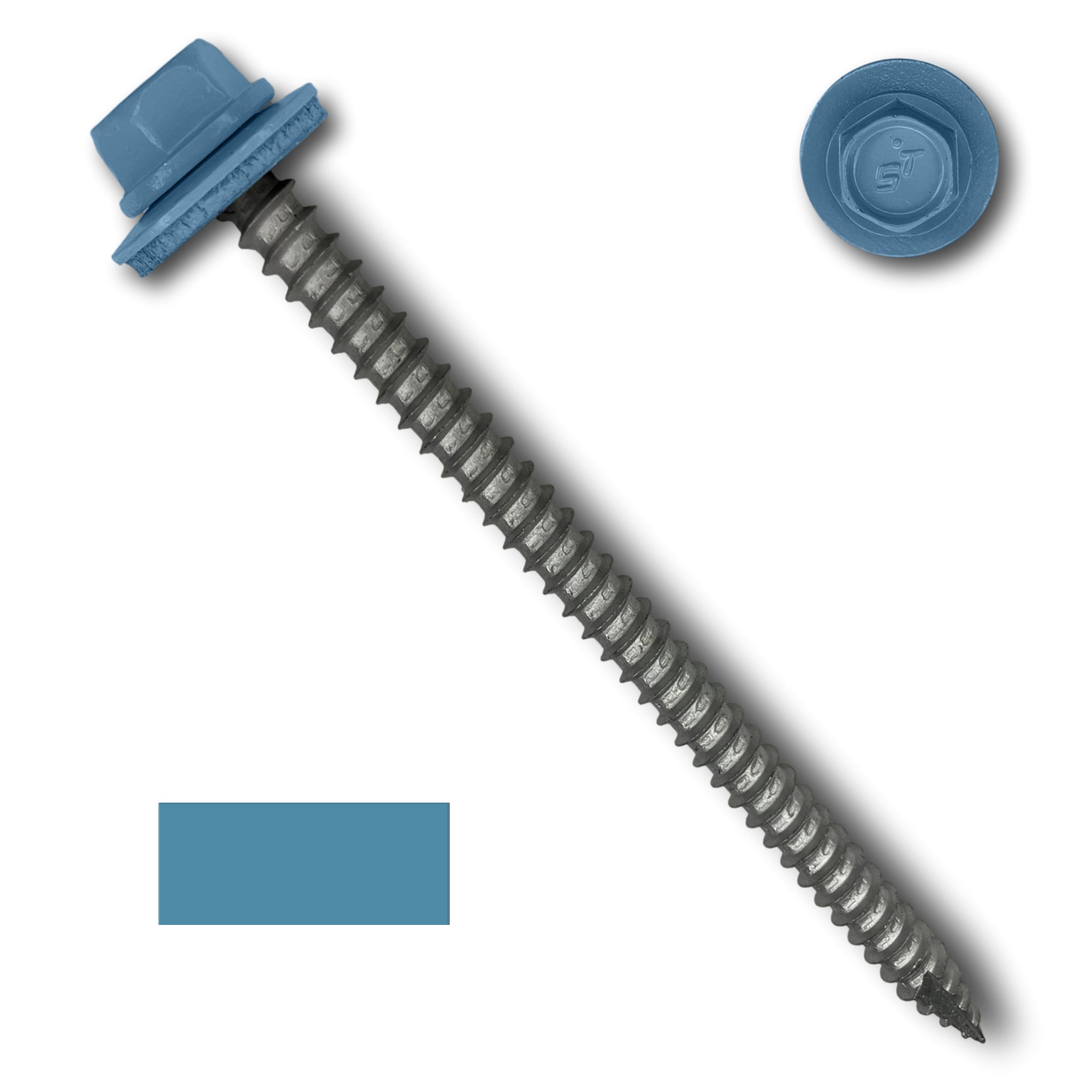 A number 14 Diameter Metal Roofing Screw that is 4 inches long with a 5/16 inch Hex Head and an EPDM Rubber Washer. The screw features a Type 17 sharp tip for drilling into wood decking. There is a color swatch of the screw head in the bottom left corner and a close-up of the screw head in the top right corner. The screw head is Hawaiian Blue in color.