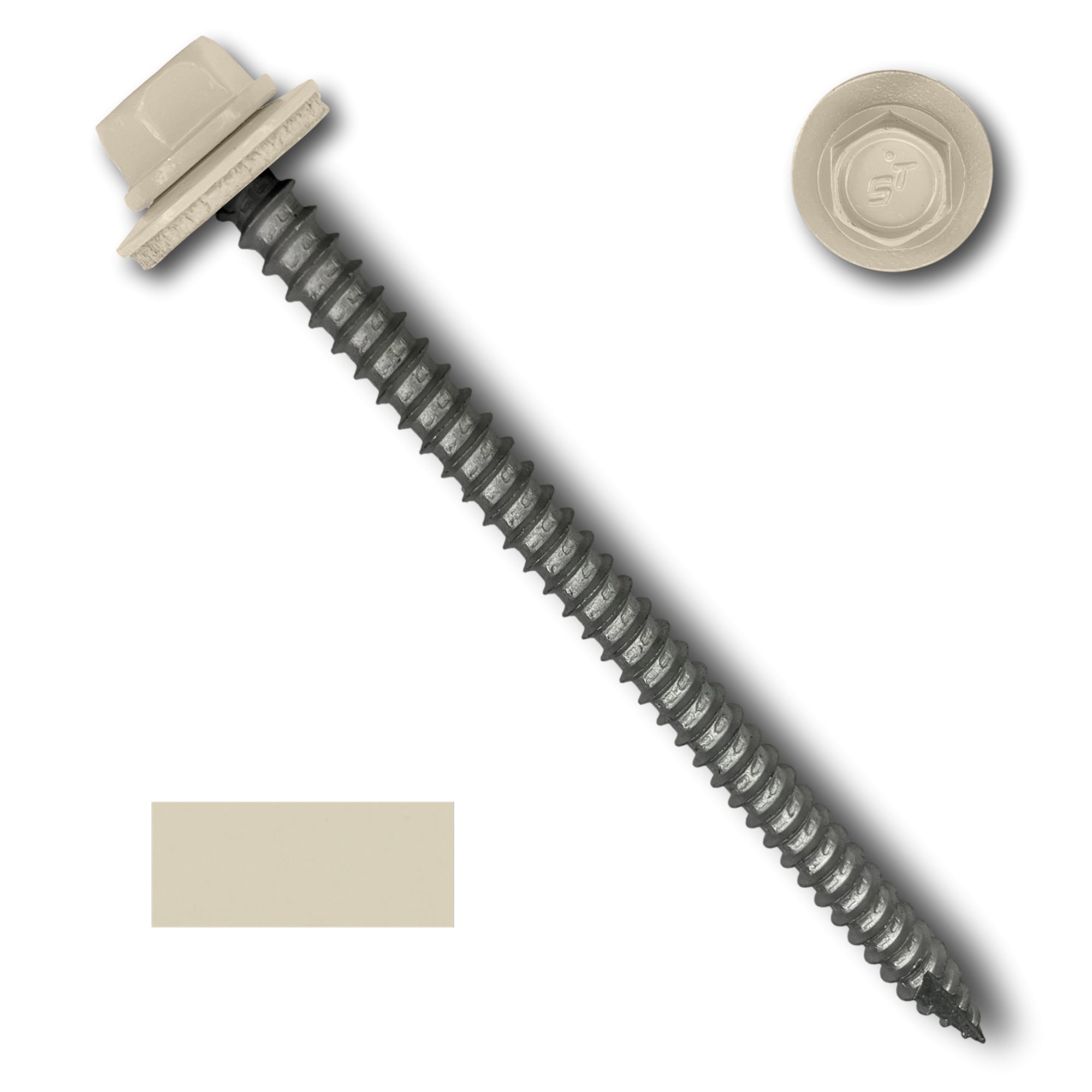 A number 14 Diameter Metal Roofing Screw that is 4 inches long with a 5/16 inch Hex Head and an EPDM Rubber Washer. The screw features a Type 17 sharp tip for drilling into wood decking. There is a color swatch of the screw head in the bottom left corner and a close-up of the screw head in the top right corner. The screw head is Lightstone in color.
