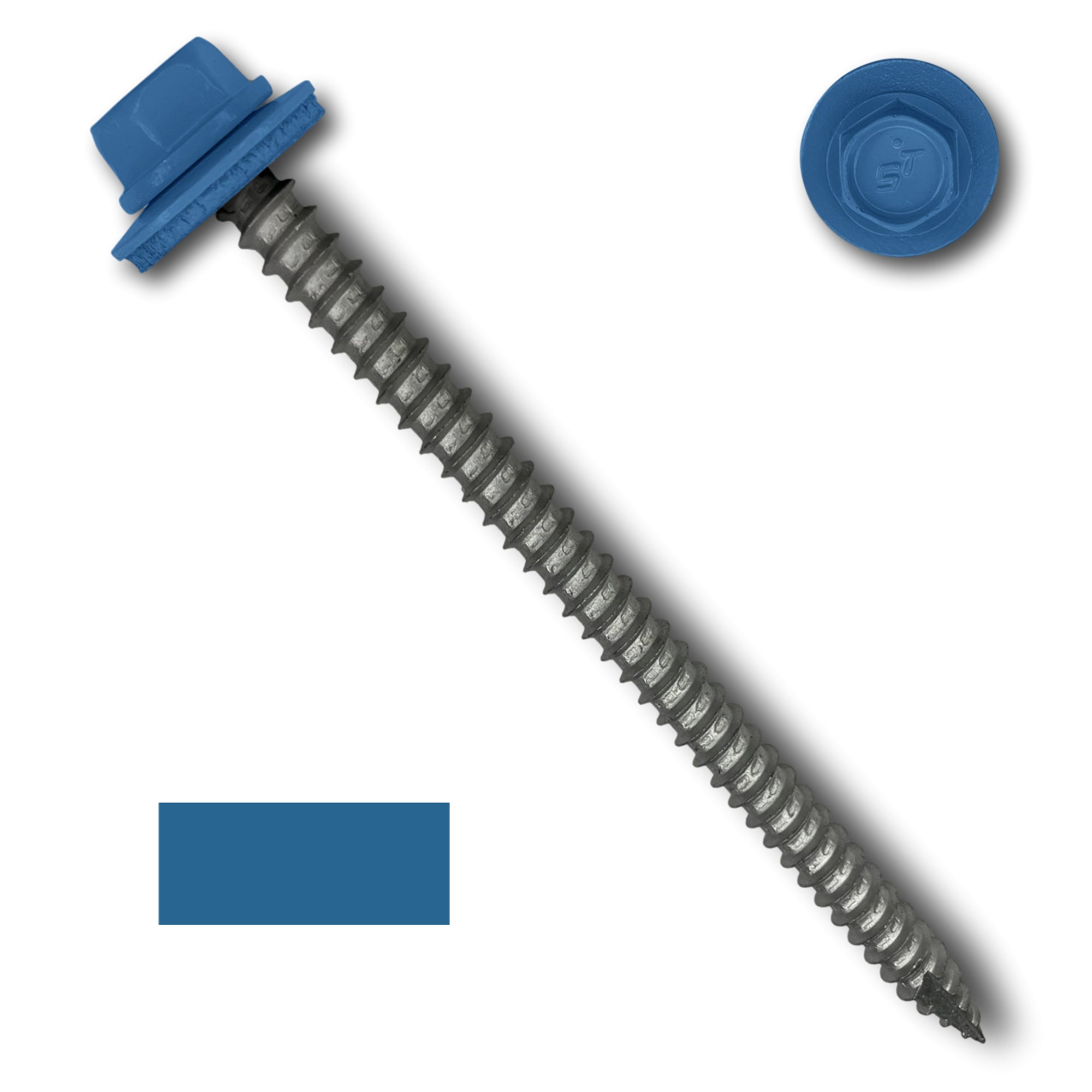 A number 14 Diameter Metal Roofing Screw that is 4 inches long with a 5/16 inch Hex Head and an EPDM Rubber Washer. The screw features a Type 17 sharp tip for drilling into wood decking. There is a color swatch of the screw head in the bottom left corner and a close-up of the screw head in the top right corner. The screw head is Regal Blue in color.