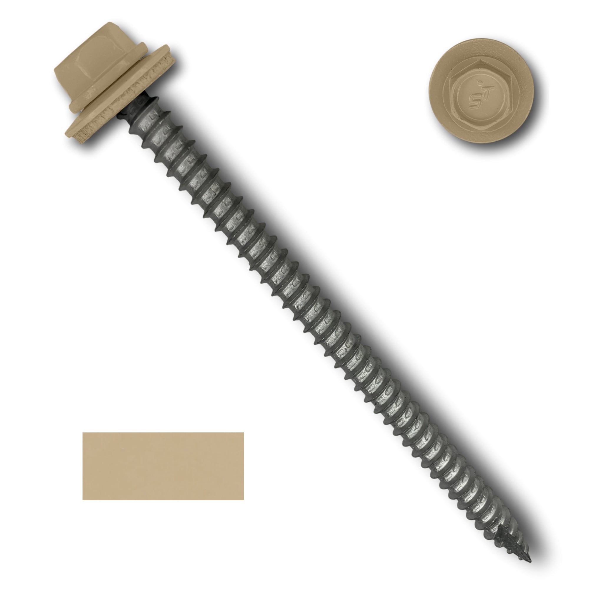 A number 14 Diameter Metal Roofing Screw that is 4 inches long with a 5/16 inch Hex Head and an EPDM Rubber Washer. The screw features a Type 17 sharp tip for drilling into wood decking. There is a color swatch of the screw head in the bottom left corner and a close-up of the screw head in the top right corner. The screw head is Sahara Tan in color.