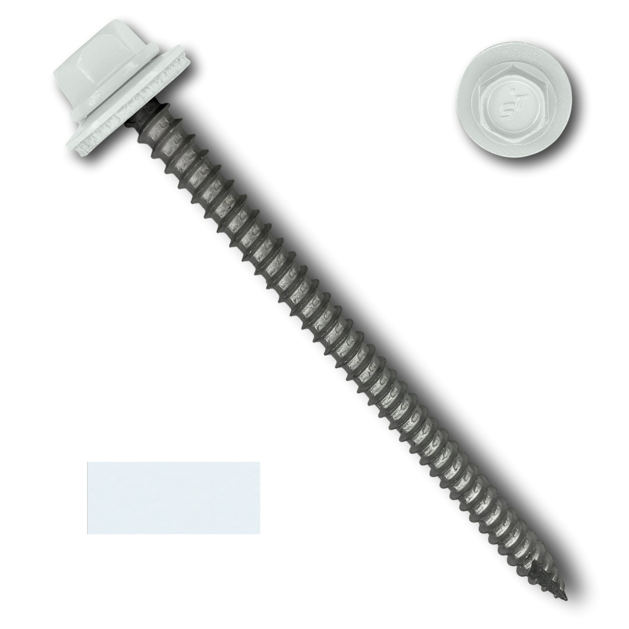 A number 14 Diameter Metal Roofing Screw that is 4 inches long with a 5/16 inch Hex Head and an EPDM Rubber Washer. The screw features a Type 17 sharp tip for drilling into wood decking. There is a color swatch of the screw head in the bottom left corner and a close-up of the screw head in the top right corner. The screw head is White in color.