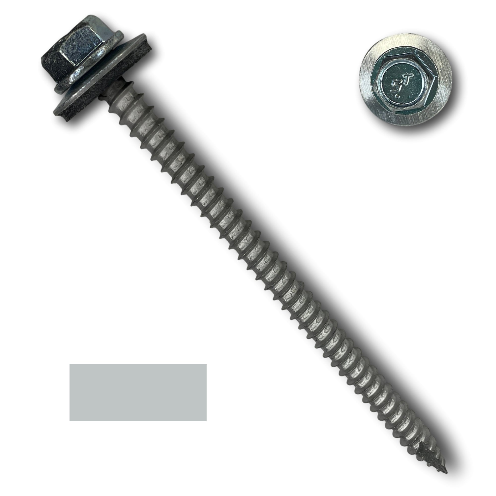 A number 14 Diameter Metal Roofing Screw that is 4 inches long with a 5/16 inch Hex Head and an EPDM Rubber Washer. The screw features a Type 17 sharp tip for drilling into wood decking. There is a color swatch of the screw head in the bottom left corner and a close-up of the screw head in the top right corner. The screw is Zinc/Unpainted in color.
