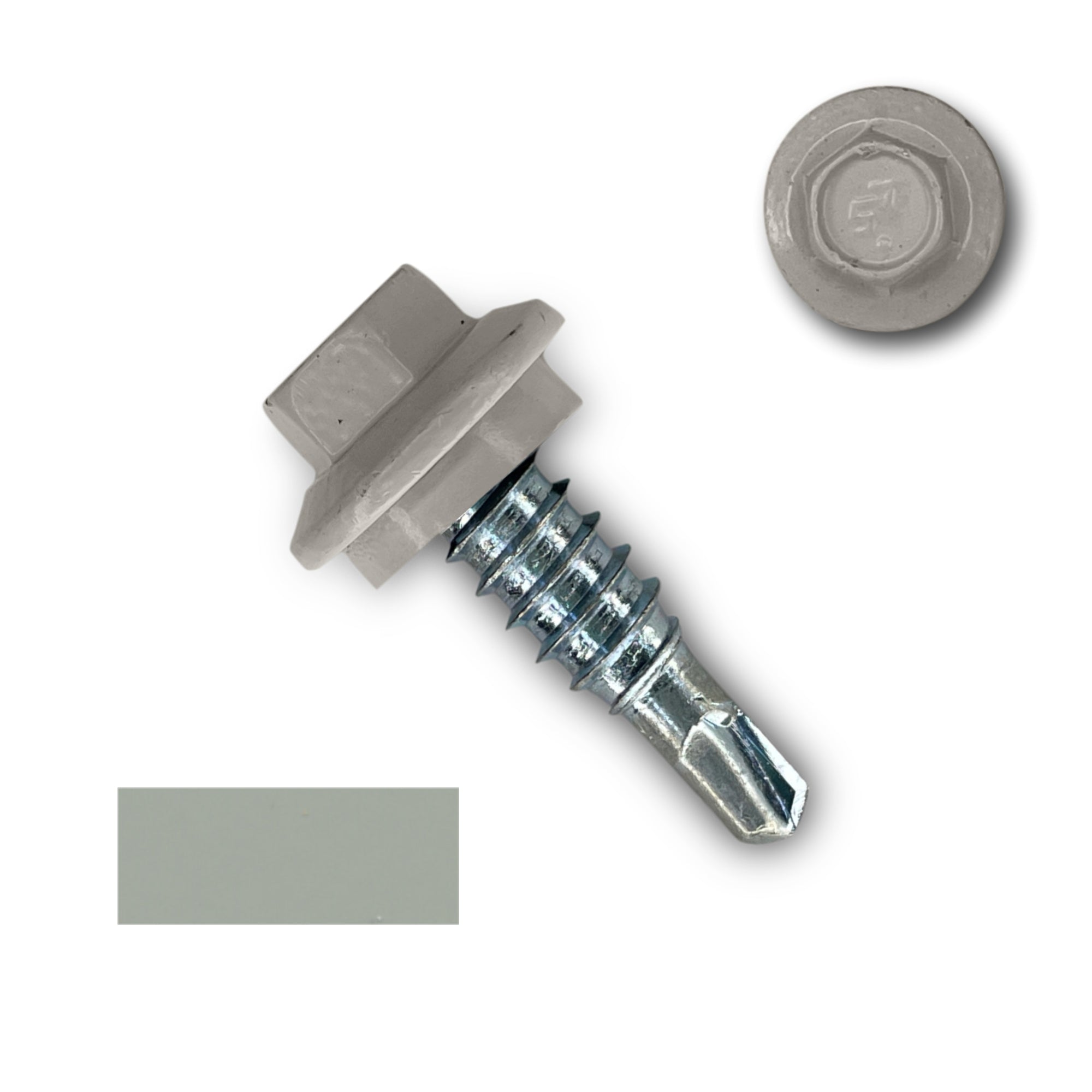 A number 14 Diameter Metal Roofing Screw that is 7/8 inches long with a 5/16 inch Hex Head and an EPDM Rubber Washer. The screw features a self-drilling tip for overlapping roof panels. There is a color swatch of the screw head in the bottom left corner and a close-up of the screw head in the top right corner. The screw head is Ash Gray in color.