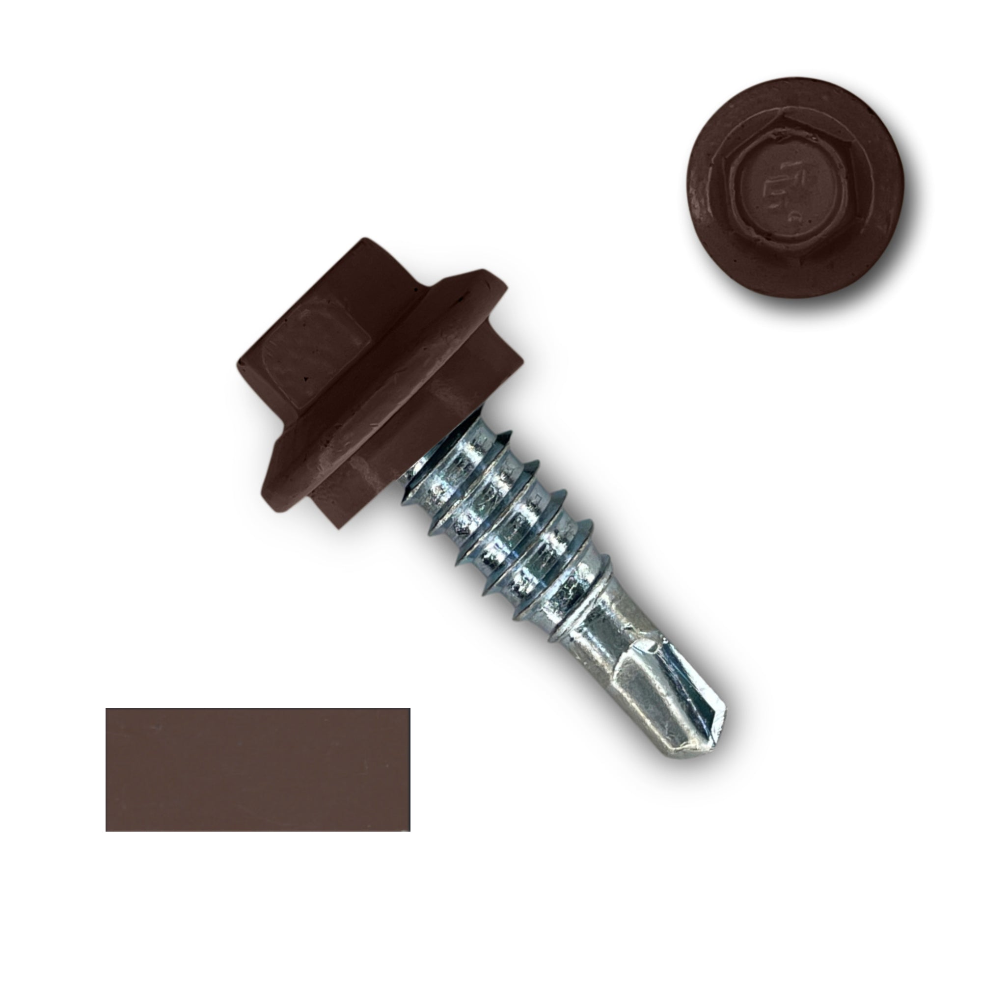 A number 14 Diameter Metal Roofing Screw that is 7/8 inches long with a 5/16 inch Hex Head and an EPDM Rubber Washer. The screw features a self-drilling tip for overlapping roof panels. There is a color swatch of the screw head in the bottom left corner and a close-up of the screw head in the top right corner. The screw head is Brown in color.