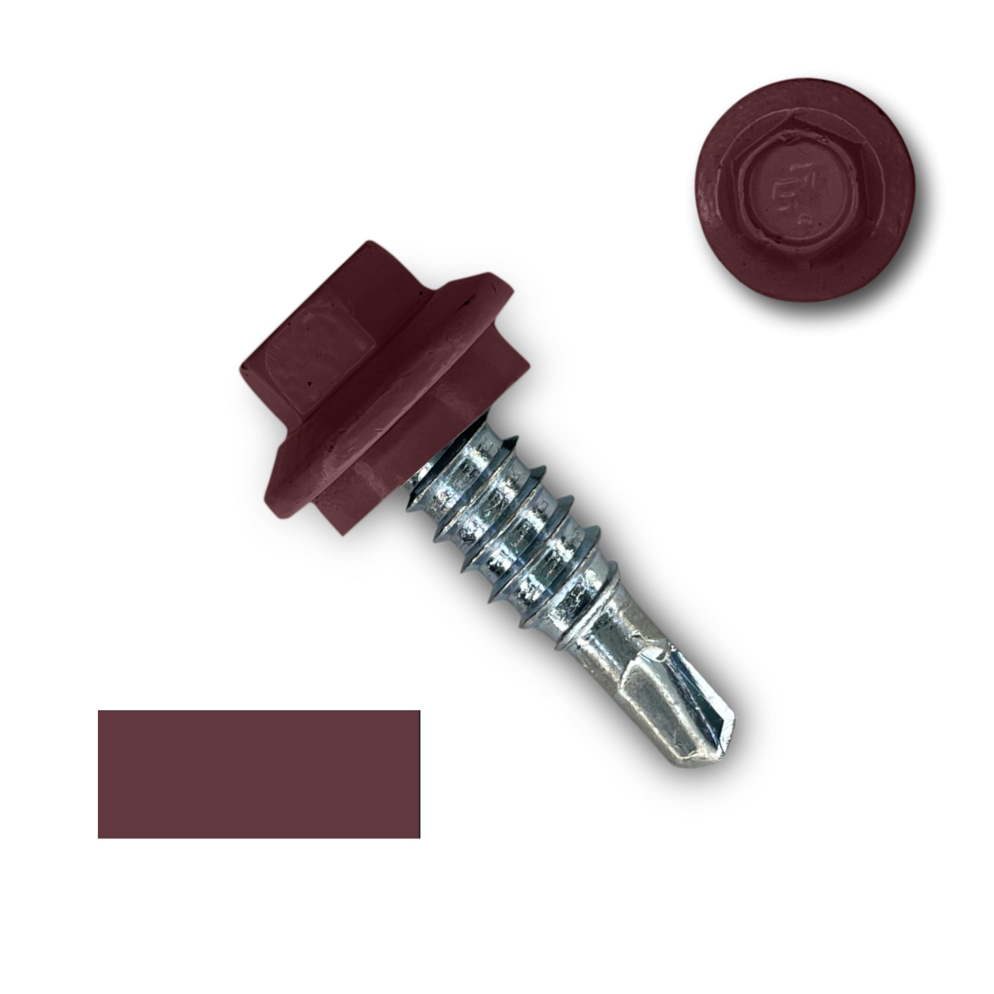 A number 14 Diameter Metal Roofing Screw that is 7/8 inches long with a 5/16 inch Hex Head and an EPDM Rubber Washer. The screw features a self-drilling tip for overlapping roof panels. There is a color swatch of the screw head in the bottom left corner and a close-up of the screw head in the top right corner. The screw head is Burgundy in color.