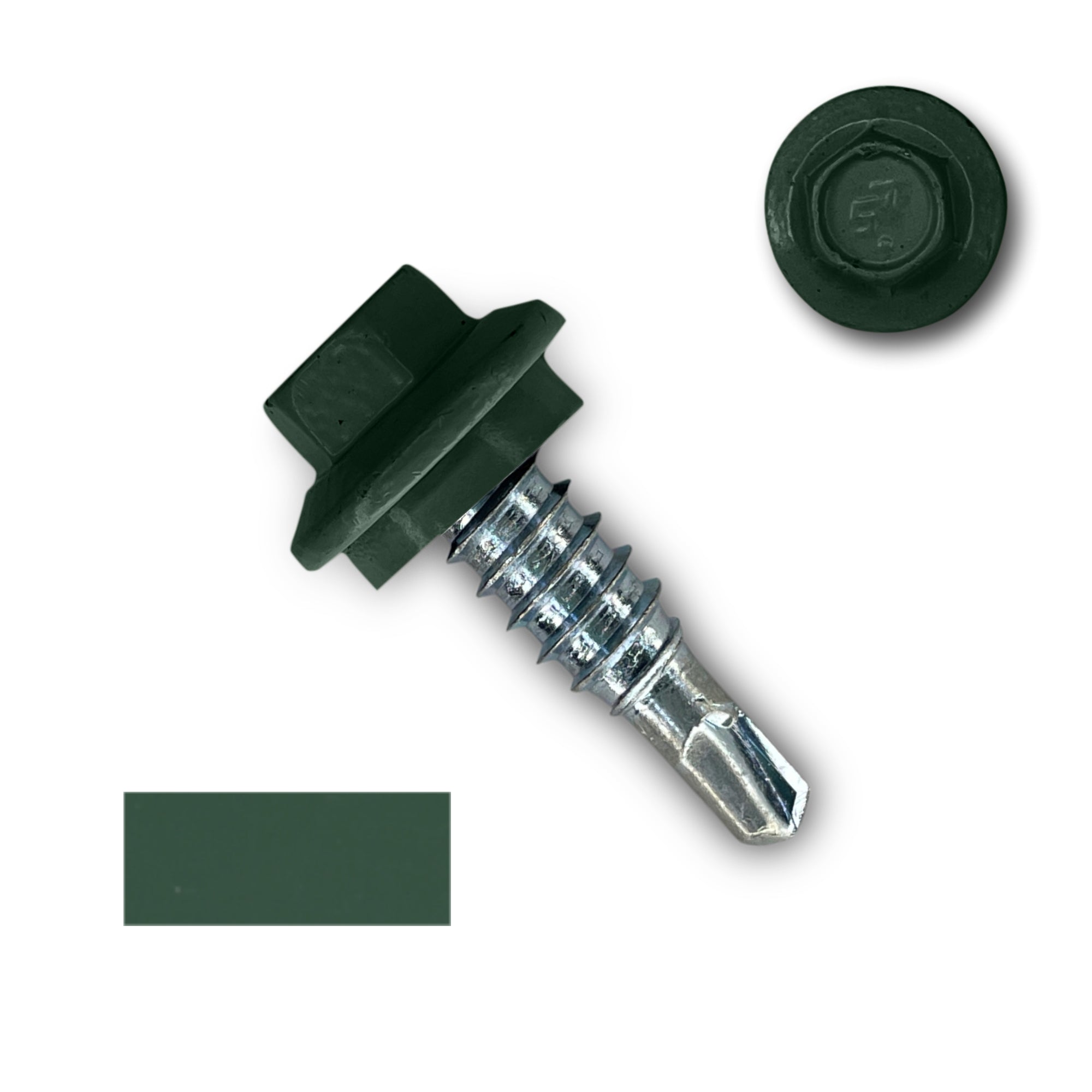 A number 14 Diameter Metal Roofing Screw that is 7/8 inches long with a 5/16 inch Hex Head and an EPDM Rubber Washer. The screw features a self-drilling tip for overlapping roof panels. There is a color swatch of the screw head in the bottom left corner and a close-up of the screw head in the top right corner. The screw head is Forest Green in color.