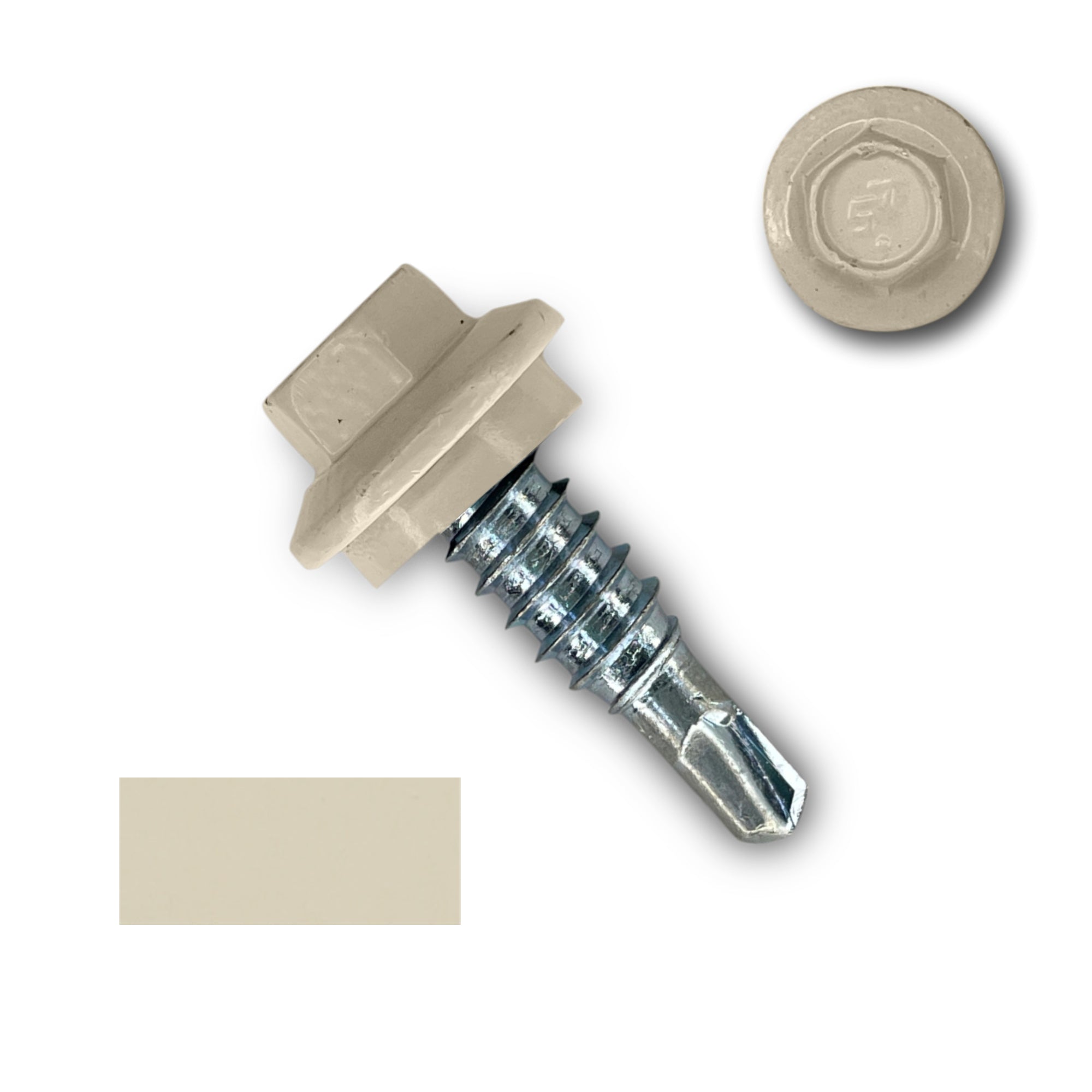 A number 14 Diameter Metal Roofing Screw that is 7/8 inches long with a 5/16 inch Hex Head and an EPDM Rubber Washer. The screw features a self-drilling tip for overlapping roof panels. There is a color swatch of the screw head in the bottom left corner and a close-up of the screw head in the top right corner. The screw head is Lightstone in color.