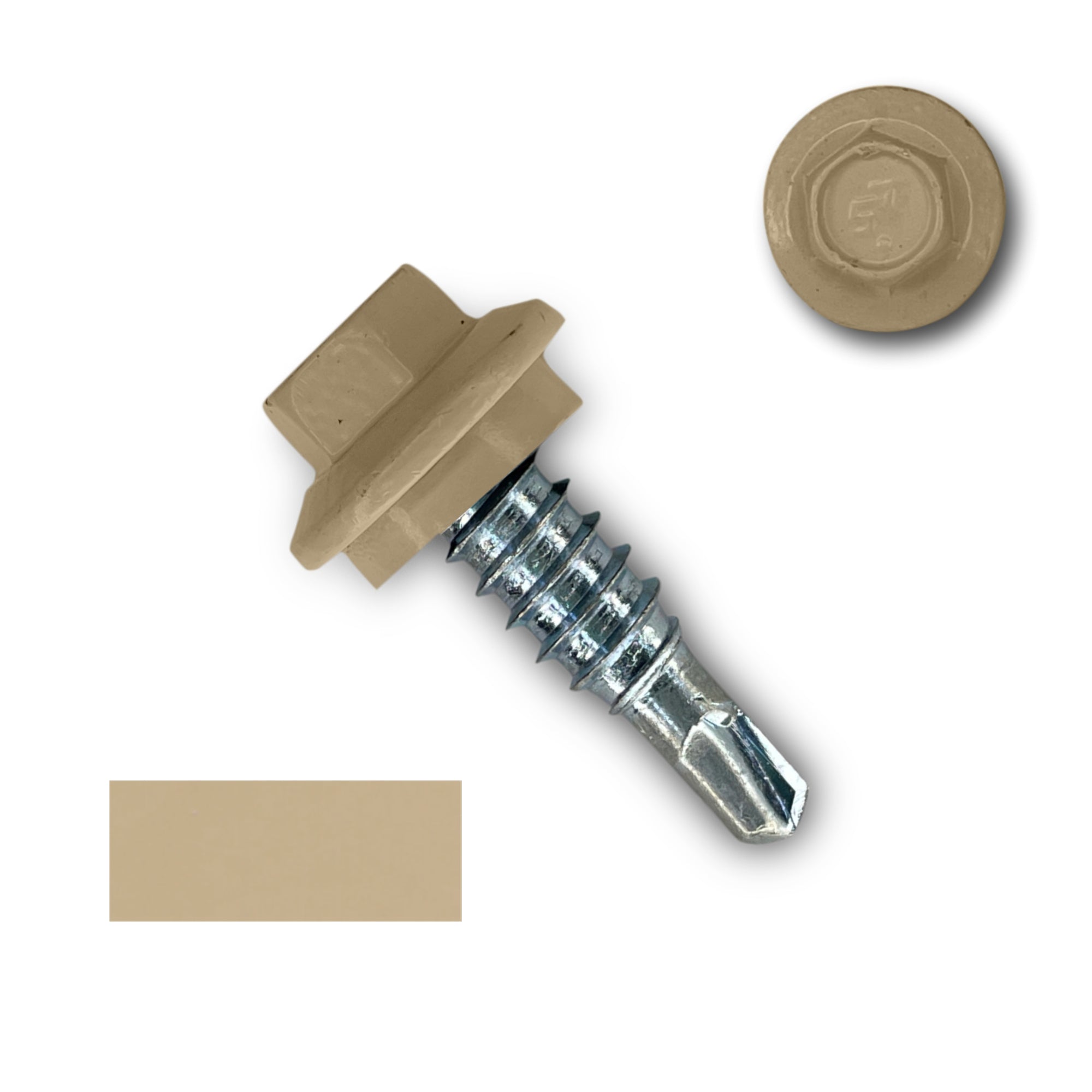 A number 14 Diameter Metal Roofing Screw that is 7/8 inches long with a 5/16 inch Hex Head and an EPDM Rubber Washer. The screw features a self-drilling tip for overlapping roof panels. There is a color swatch of the screw head in the bottom left corner and a close-up of the screw head in the top right corner. The screw head is Sahara Tan in color.
