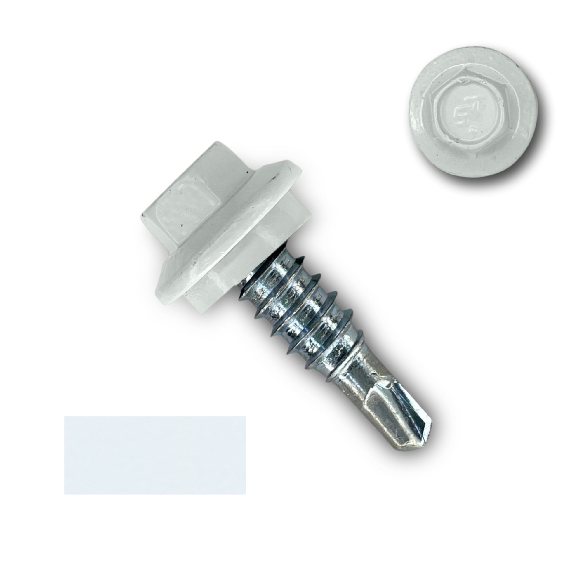 A number 14 Diameter Metal Roofing Screw that is 7/8 inches long with a 5/16 inch Hex Head and an EPDM Rubber Washer. The screw features a self-drilling tip for overlapping roof panels. There is a color swatch of the screw head in the bottom left corner and a close-up of the screw head in the top right corner. The screw head is White in color.