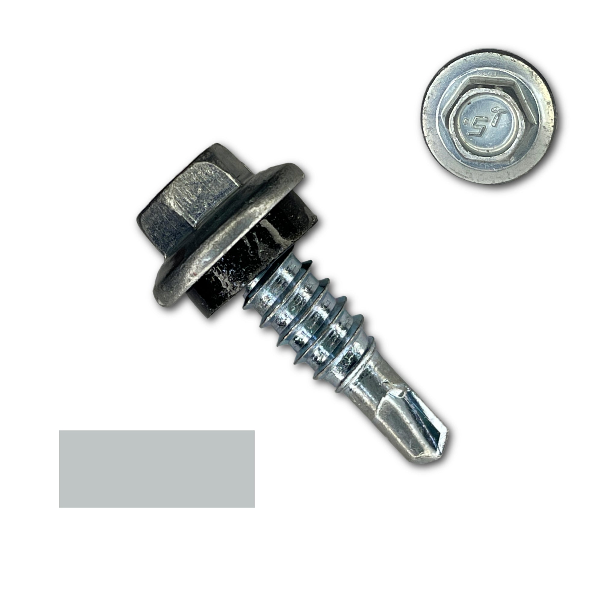 A number 14 Diameter Metal Roofing Screw that is 7/8 inches long with a 5/16 inch Hex Head and an EPDM Rubber Washer. The screw features a self-drilling tip for overlapping roof panels. There is a color swatch of the screw head in the bottom left corner and a close-up of the screw head in the top right corner. The screw is Zinc/Unpainted in color.