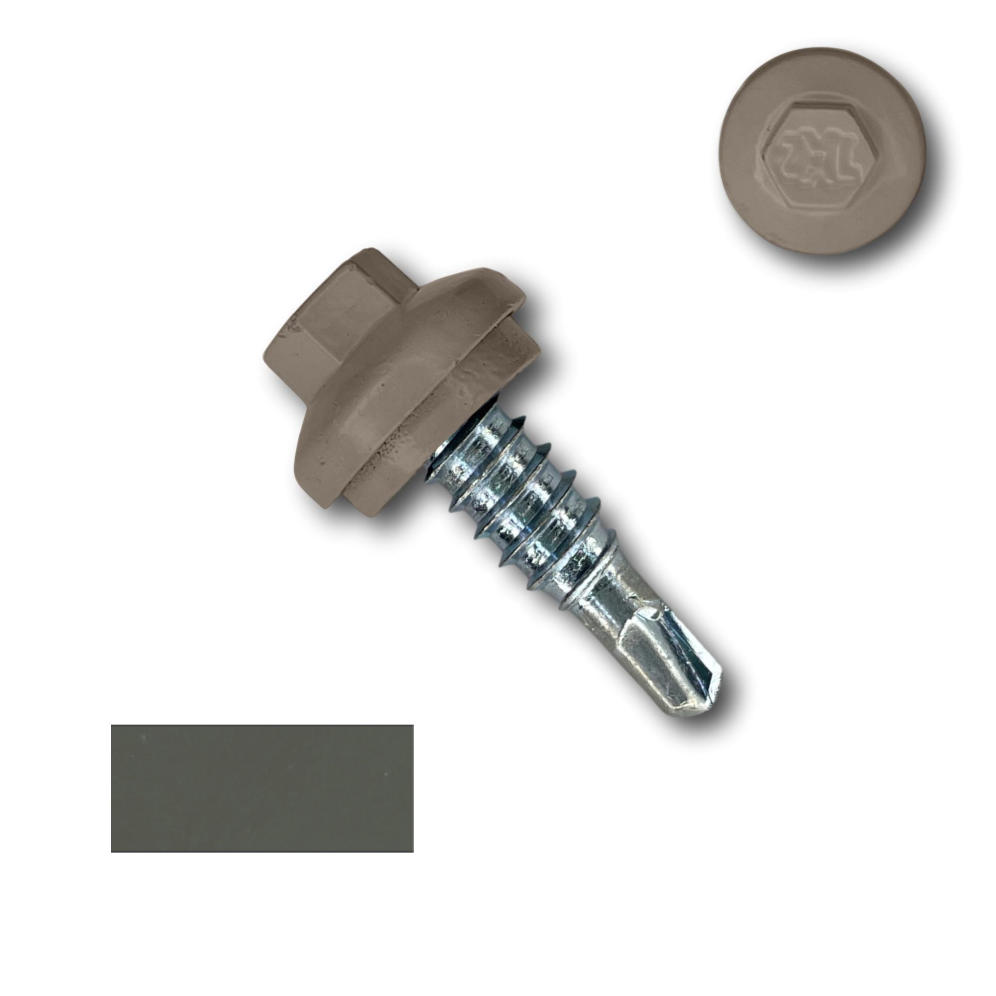A number 14 Diameter Metal Roofing Screw that is 7/8 inches long with a 5/16 inch Hex Head and an EPDM Rubber Washer. The screw features a Dome Cap that covers the washer and a self-drilling tip for overlapping roof panels. There is a color swatch of the screw head in the bottom left corner and a close-up of the screw head in the top right corner. The screw head is Burnished Slate in color.
