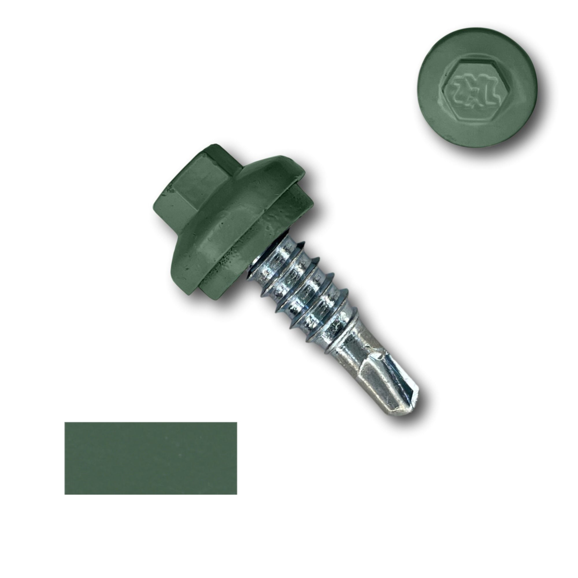 A number 14 Diameter Metal Roofing Screw that is 7/8 inches long with a 5/16 inch Hex Head and an EPDM Rubber Washer. The screw features a Dome Cap that covers the washer and a self-drilling tip for overlapping roof panels. There is a color swatch of the screw head in the bottom left corner and a close-up of the screw head in the top right corner. The screw head is Evergreen in color.