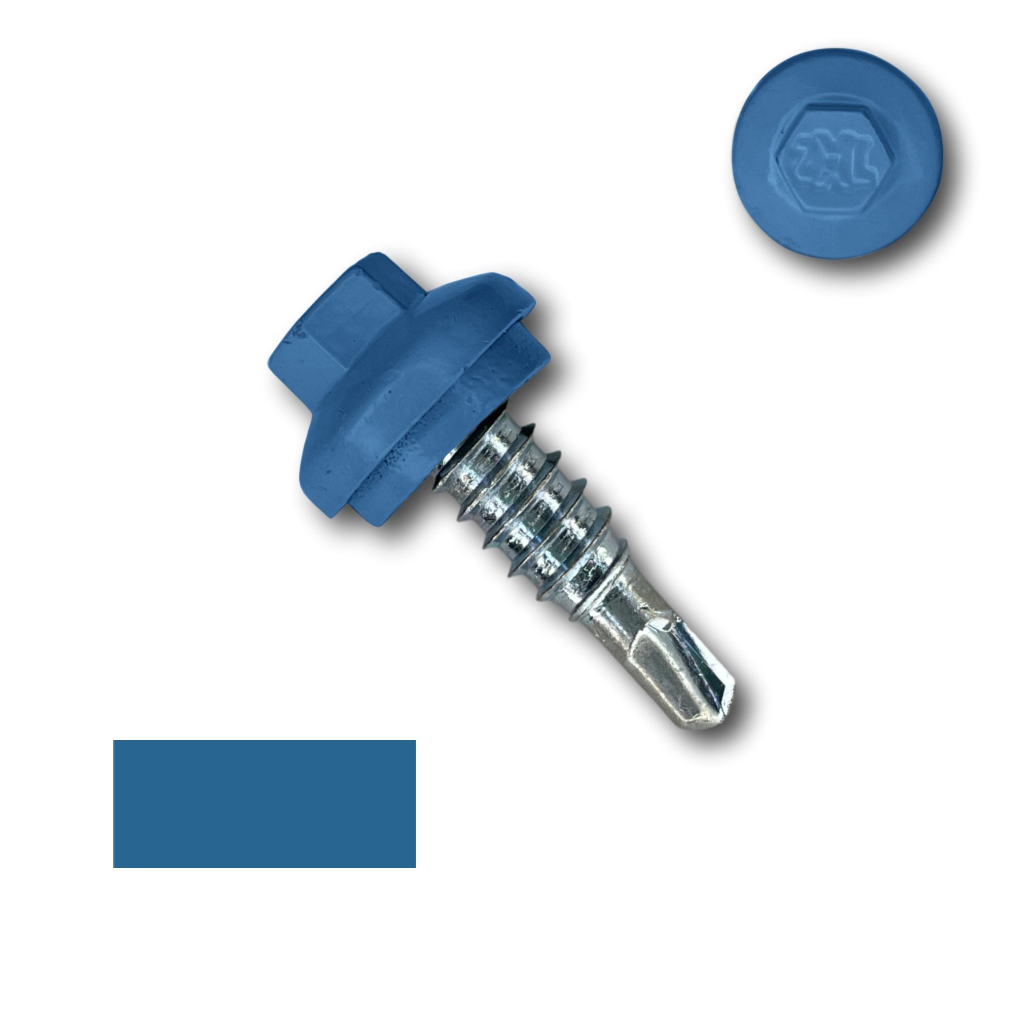 A number 14 Diameter Metal Roofing Screw that is 7/8 inches long with a 5/16 inch Hex Head and an EPDM Rubber Washer. The screw features a Dome Cap that covers the washer and a self-drilling tip for overlapping roof panels. There is a color swatch of the screw head in the bottom left corner and a close-up of the screw head in the top right corner. The screw head is Regal Blue in color.