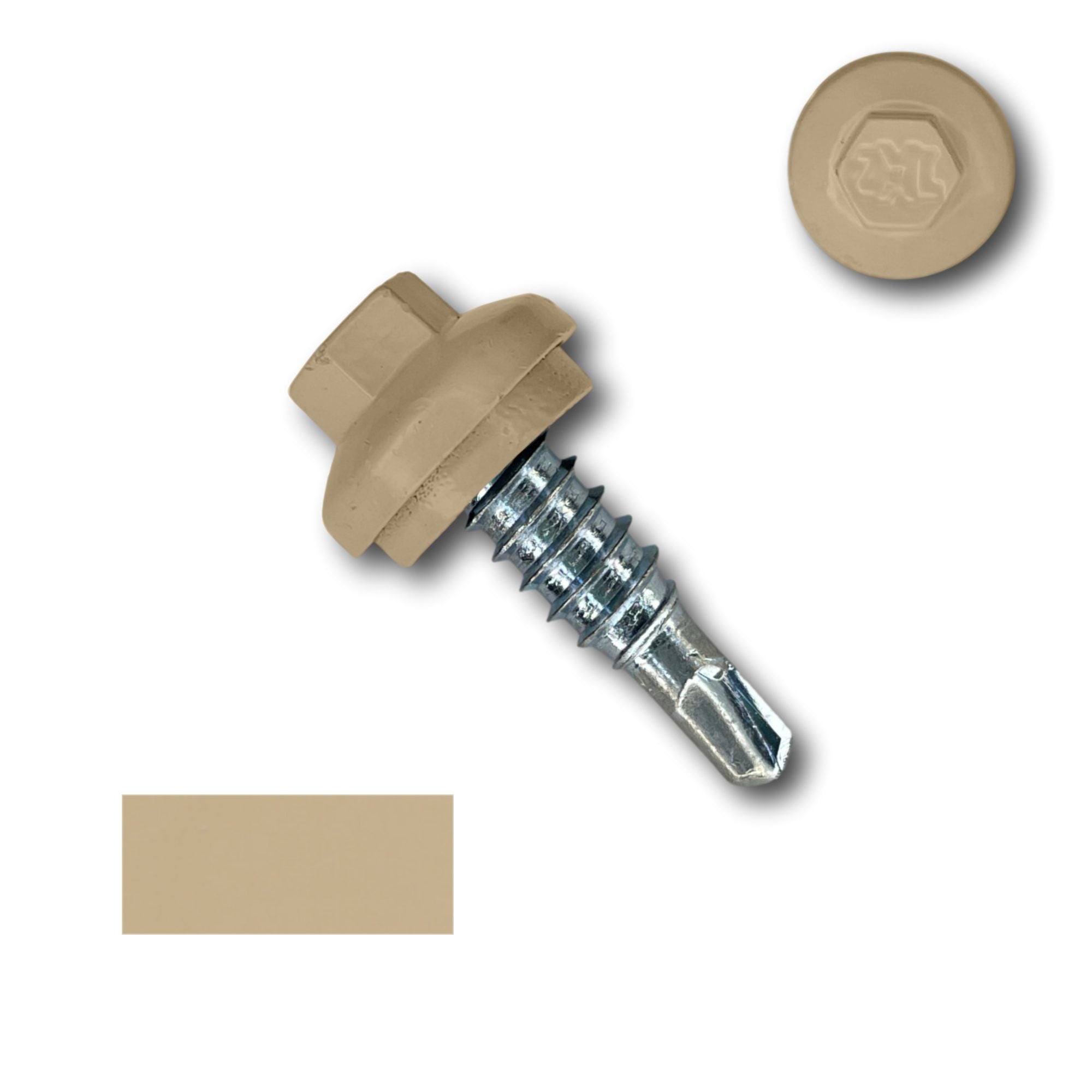 A number 14 Diameter Metal Roofing Screw that is 7/8 inches long with a 5/16 inch Hex Head and an EPDM Rubber Washer. The screw features a Dome Cap that covers the washer and a self-drilling tip for overlapping roof panels. There is a color swatch of the screw head in the bottom left corner and a close-up of the screw head in the top right corner. The screw head is Sahara Tan in color.