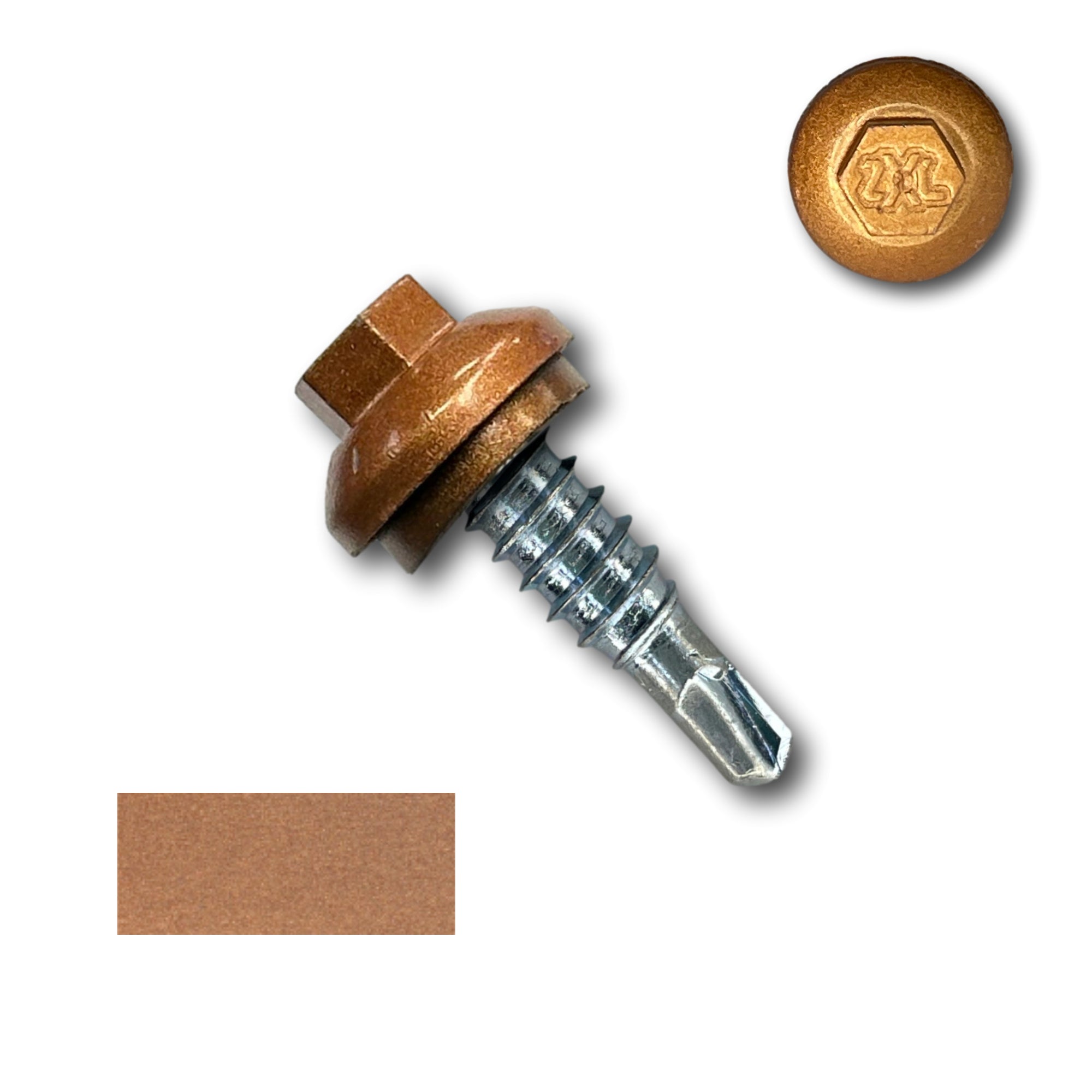 A number 14 Diameter Metal Roofing Screw that is 7/8 inches long with a 5/16 inch Hex Head and an EPDM Rubber Washer. The screw features a Dome Cap that covers the washer and a self-drilling tip for overlapping roof panels. There is a color swatch of the screw head in the bottom left corner and a close-up of the screw head in the top right corner. The screw head is Copper Metallic in color.