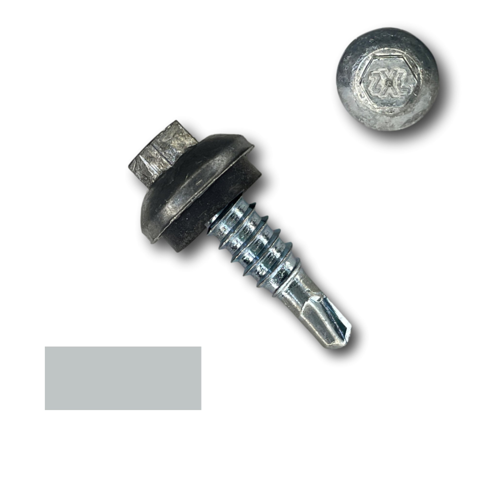 A number 14 Diameter Metal Roofing Screw that is 7/8 inches long with a 5/16 inch Hex Head and an EPDM Rubber Washer. The screw features a Dome Cap that covers the washer and a self-drilling tip for overlapping roof panels. There is a color swatch of the screw head in the bottom left corner and a close-up of the screw head in the top right corner. The screw is Zinc/Unpainted in color.