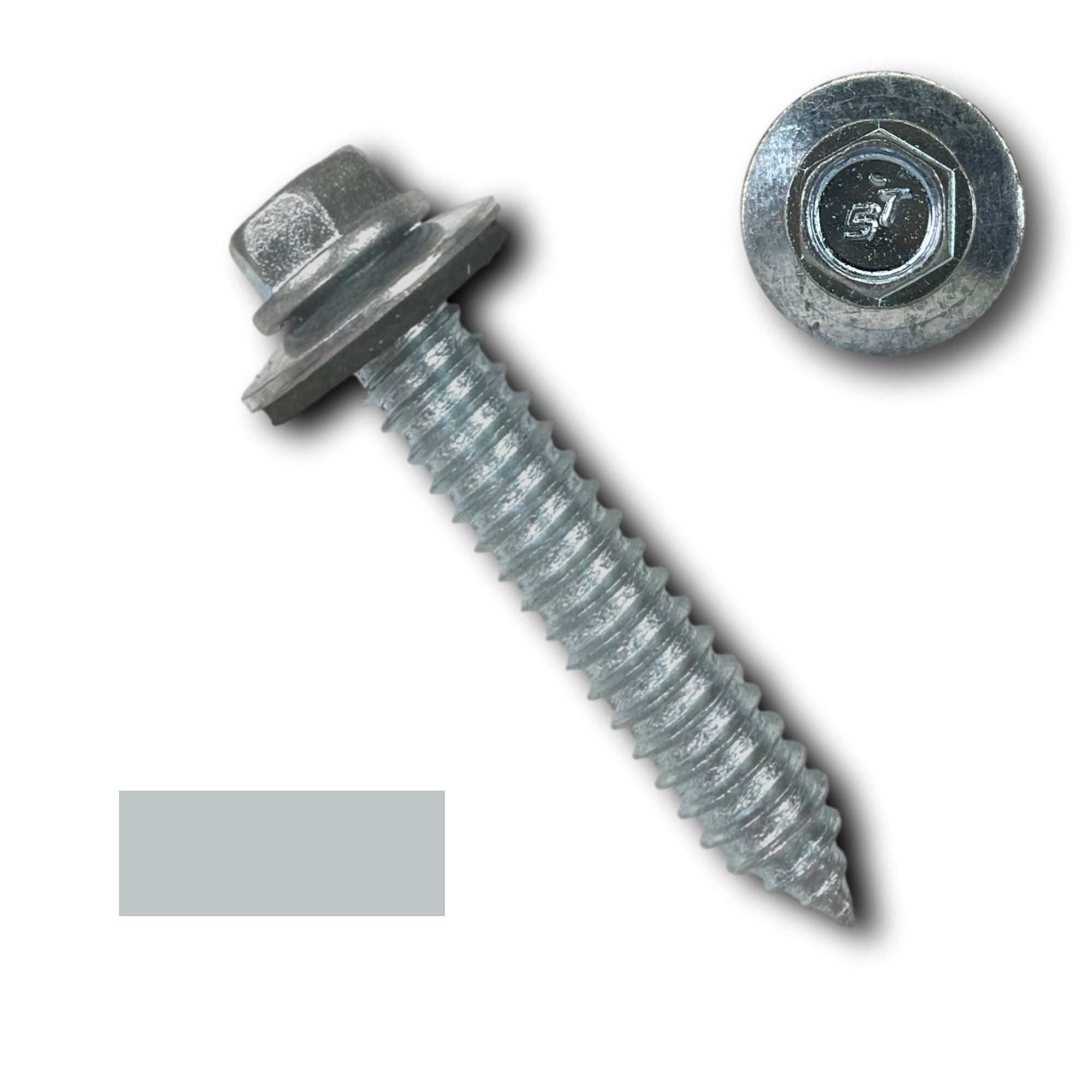 A number 1 Diameter Metal Roofing Screw that is 1.5 inches long with a 5/16 inch Hex Head and an EPDM Rubber Washer. The screw features a self-drilling tip for drilling into steel purlins. There is a color swatch of the screw head in the bottom left corner and a close-up of the screw head in the top right corner. The screw is Zinc/Unpainted in color.