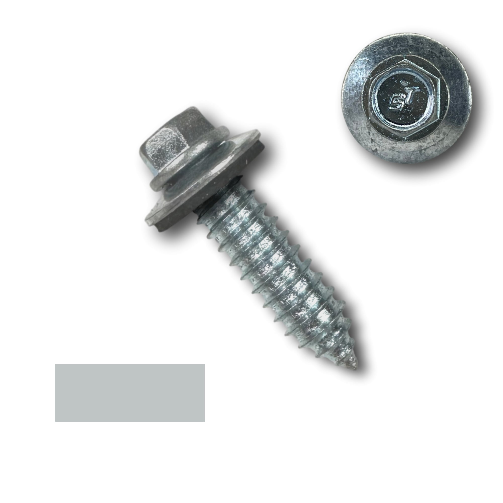 A number 1 Diameter Metal Roofing Screw that is 1 inch long with a 5/16 inch Hex Head and an EPDM Rubber Washer. The screw features a self-drilling tip for drilling into steel purlins. There is a color swatch of the screw head in the bottom left corner and a close-up of the screw head in the top right corner. The screw is Zinc/Unpainted in color.