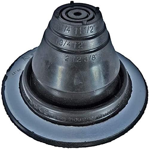 A number 1 size Black Round Pipe Flashing Boot. The boot is made of Silicone, and the measurements are featured on the side of the boot for reference when cutting.
