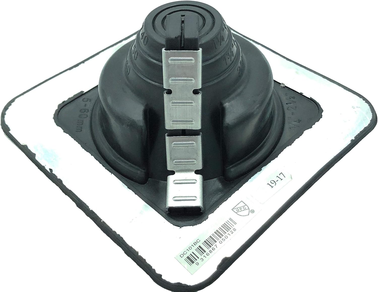 A number 1 size Black Square Pipe Flashing Boot. The boot is made of Silicone, and the measurements are featured on the side of the boot for reference when cutting. The boot features zipper clips on the side for installing over existing pipes.