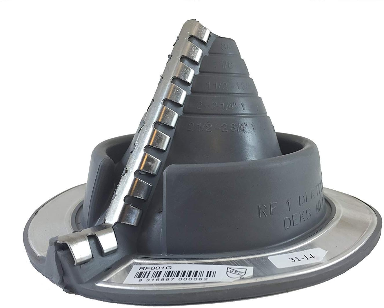 A number 1 size Gray Round Pipe Flashing Boot. The boot is made of Silicone, and the measurements are featured on the side of the boot for reference when cutting. The boot features zipper clips on the side for installing over existing pipes.