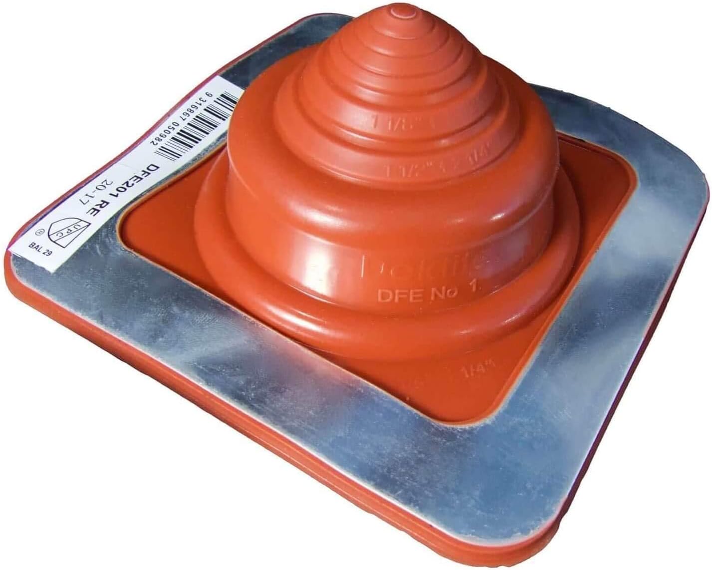 A number 1 size Red Square Metal Roofing Pipe Boot. The boot is made of EPDM and is meant for high temperature applications. The boot features dimensions on the side for reference when cutting.