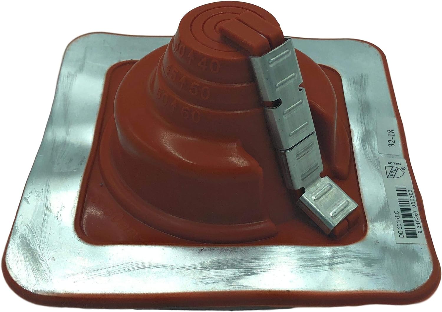 A number 1 size Red Square Base Pipe Flashing Boot. The boot is made of EPDM and is meant for high temperature applications. The boot features zipper clips on the side for installing over existing pipes.
