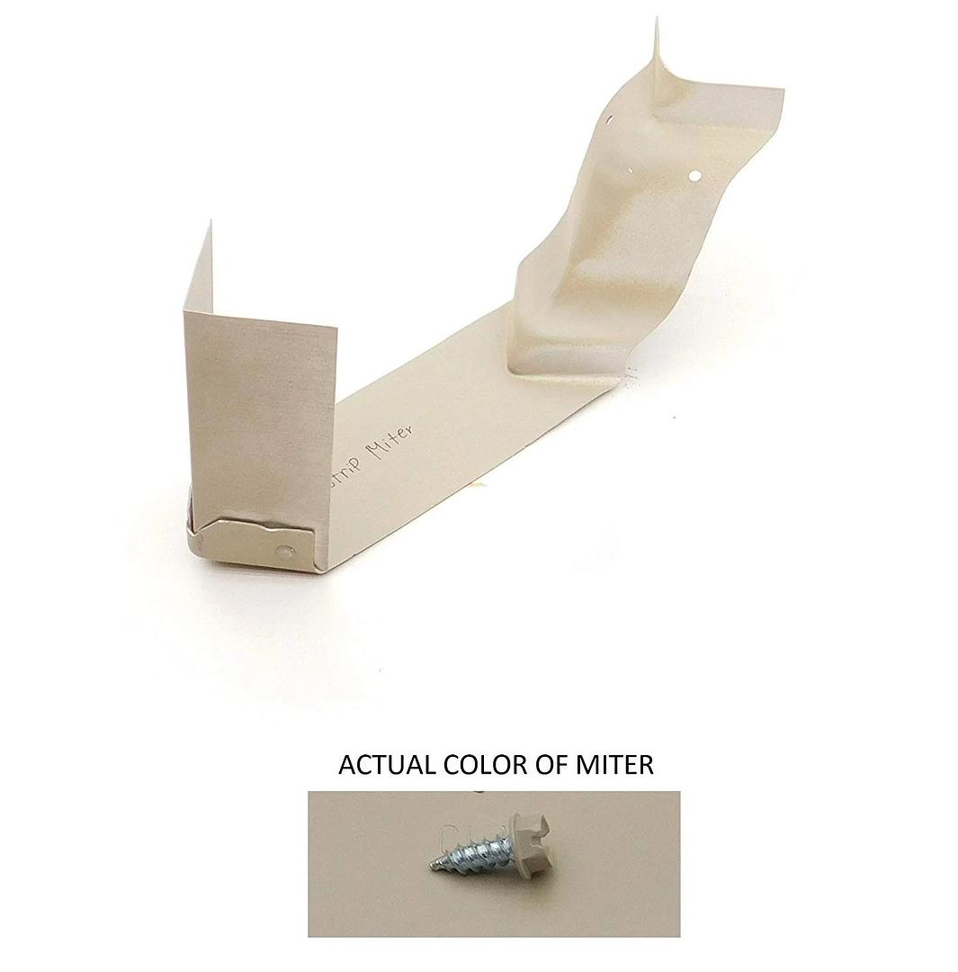 A Gutter Strip Miter for use in gutter applications there there is an inside corner on a roof or gutter. The Strip Miter is made of Aluminum and is painted White.