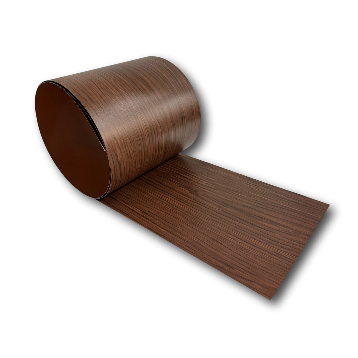 A roll of painted 24 Gauge Galvanized Steel with a Dark Walnut Pattern throughout the material, only painted on one side. This material is used for wall flashings, roof flashings, siding, and accents.