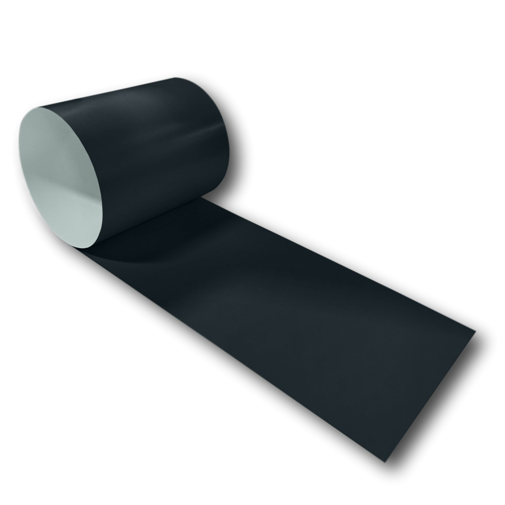A roll of 24 Gauge Painted Steel Flashing that is Matte Black in color.