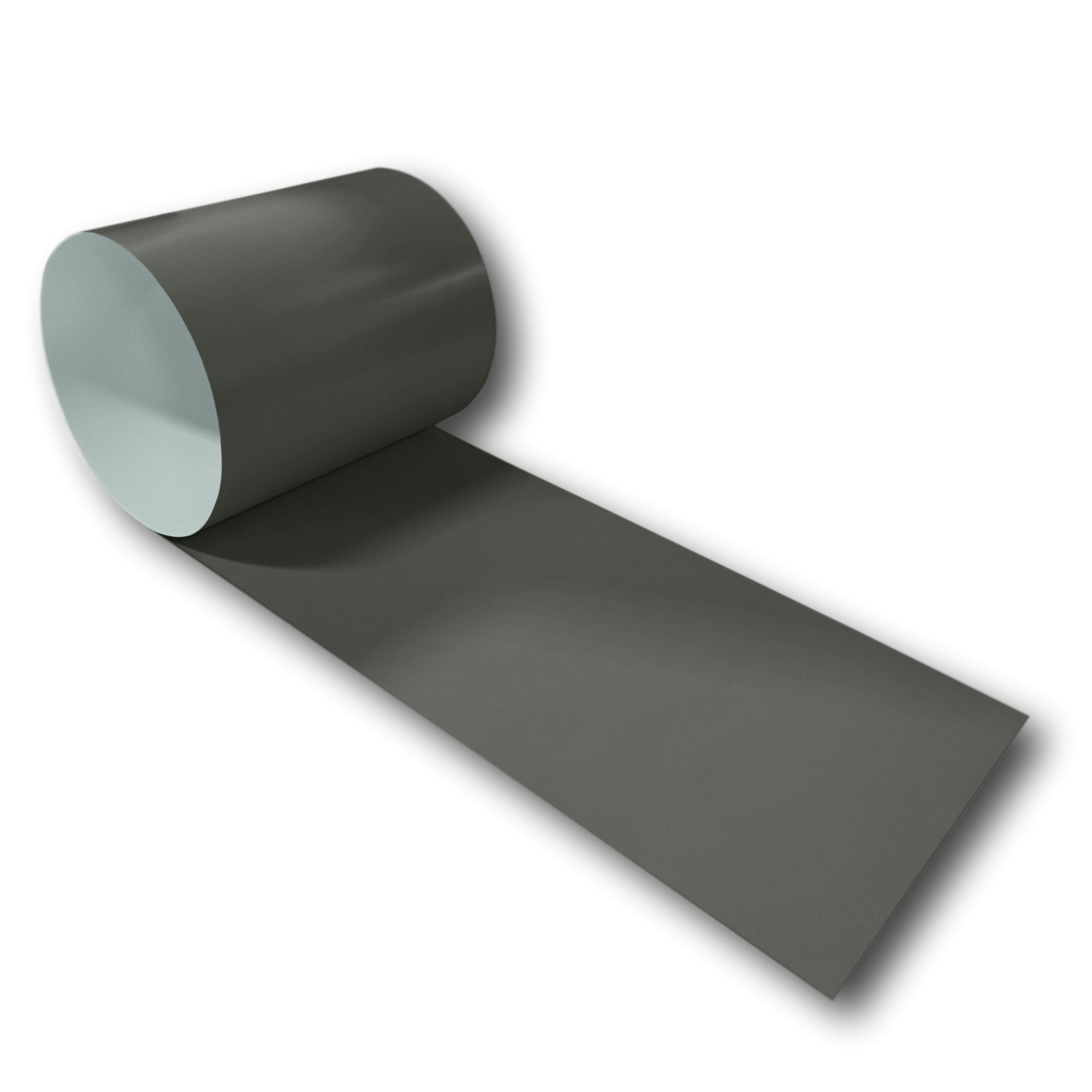 A roll of 24 Gauge Painted Steel Flashing that is Musket Gray in color.