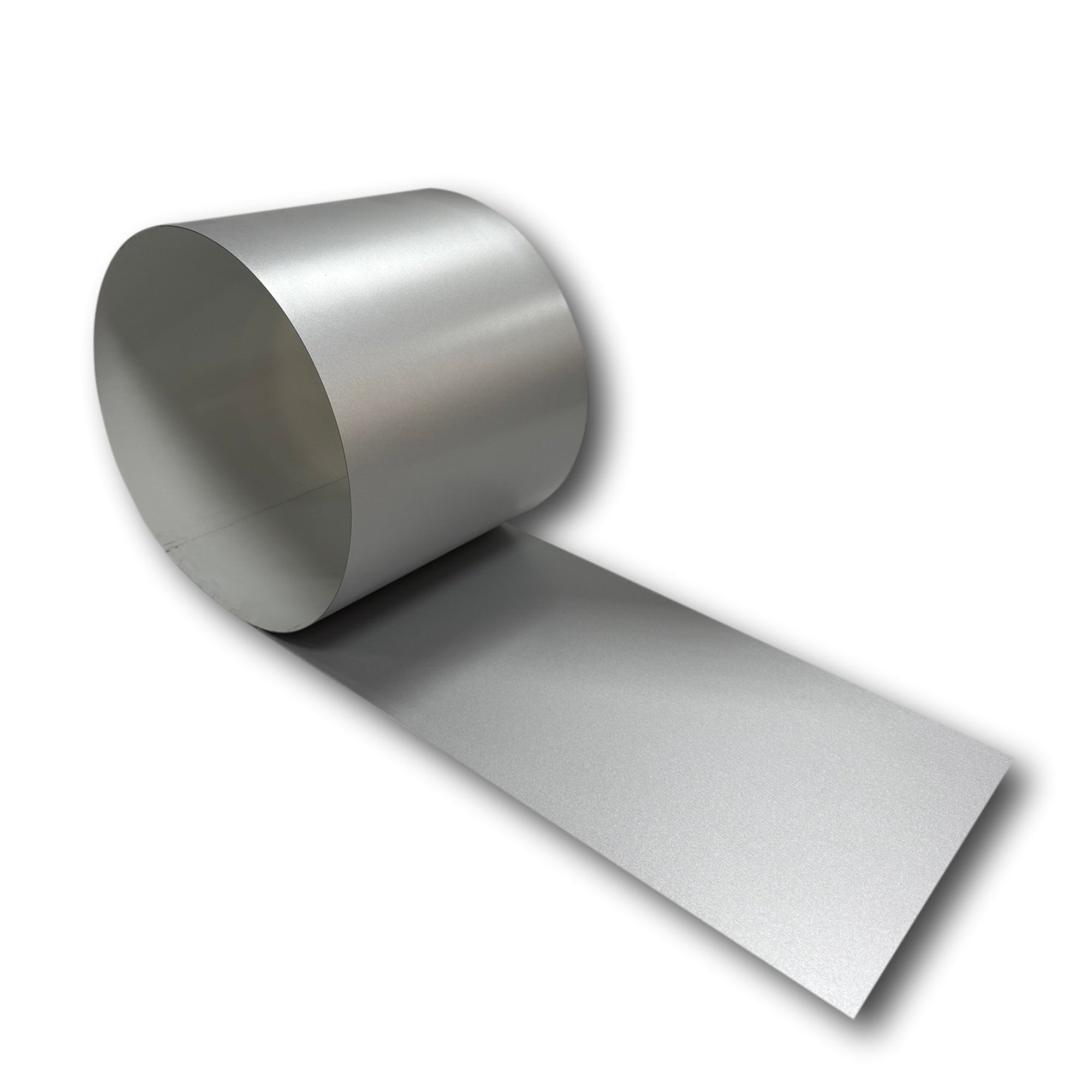 A roll of 24 Gauge Painted Steel Flashing that is Silver in color.
