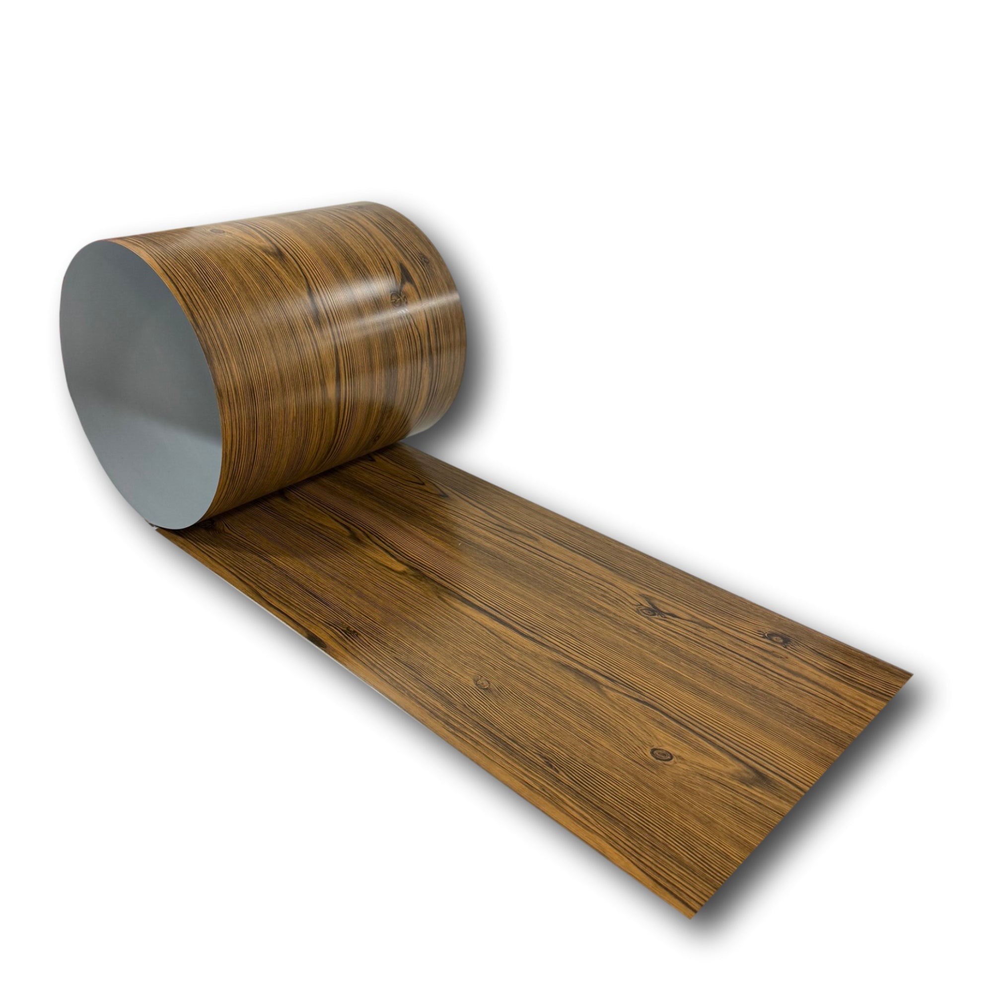 A roll of painted 26 Gauge Galvanized Steel with a Country Pine Pattern throughout the material, only painted on one side. This material is used for wall flashings, roof flashings, siding, and accents.