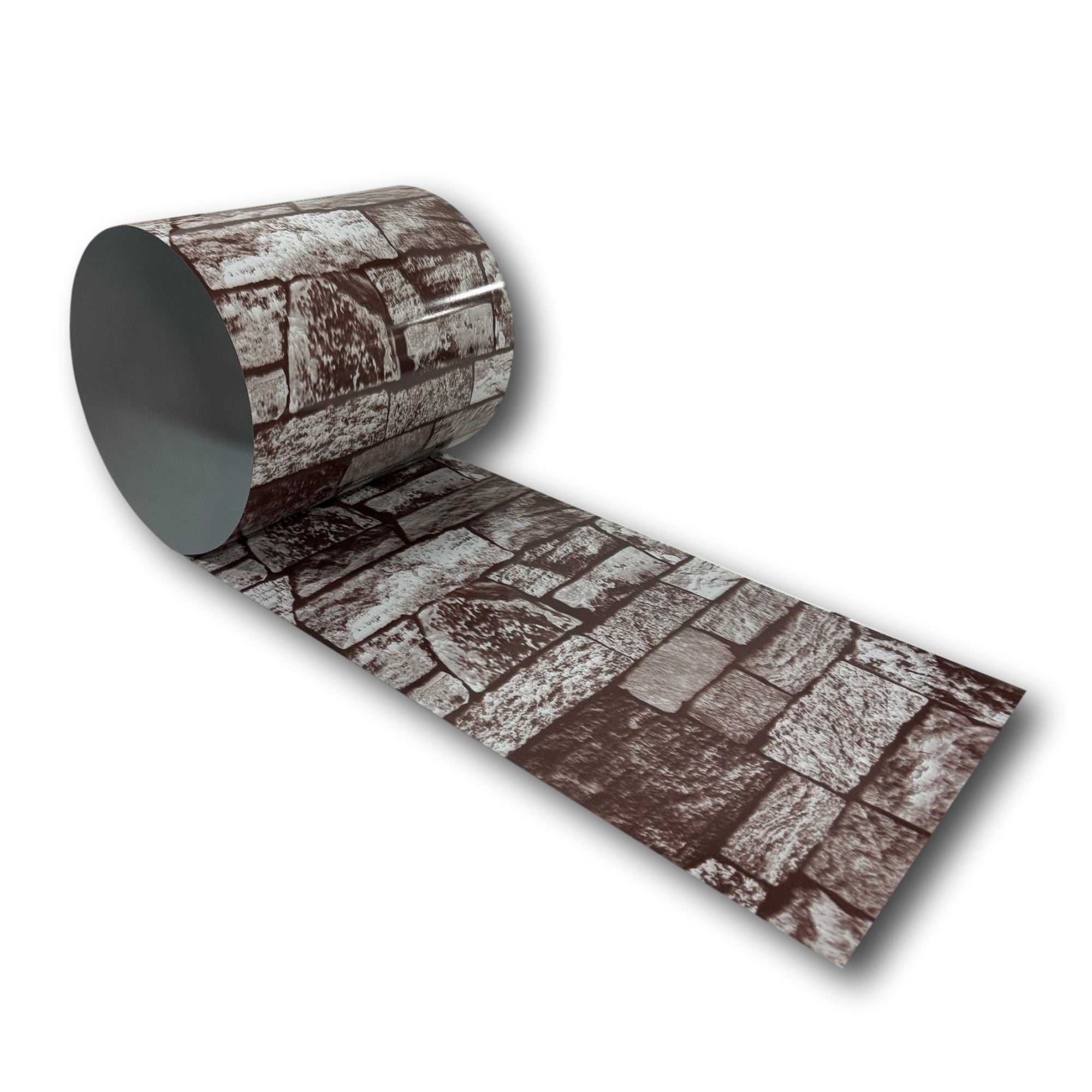 A roll of painted 26 Gauge Galvanized Steel with a Stone Brick Pattern throughout the material, only painted on one side. This material is used for wall flashings, roof flashings, siding, and accents.