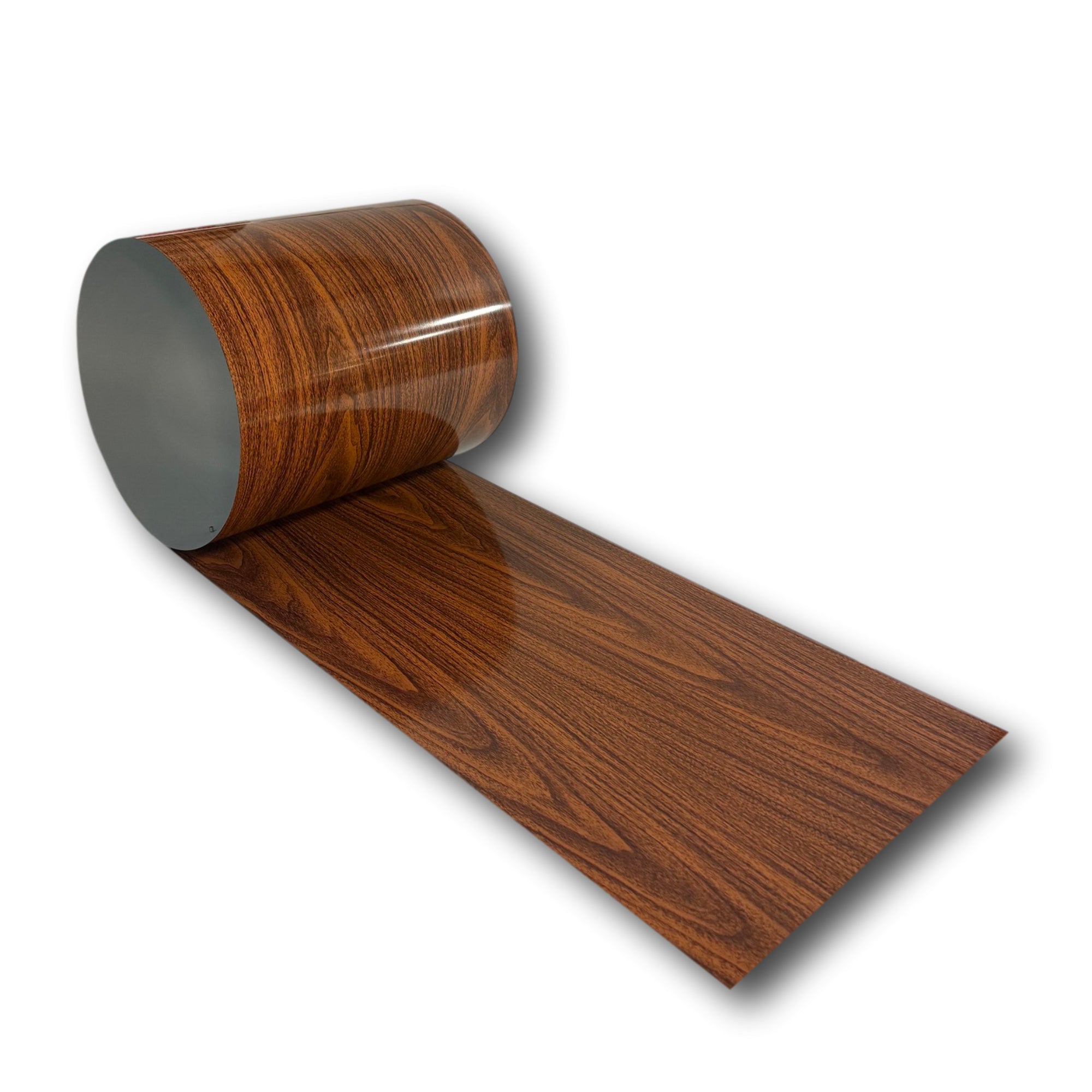 A roll of painted 26 Gauge Galvanized Steel with a Warm Cherrywood Pattern throughout the material, only painted on one side. This material is used for wall flashings, roof flashings, siding, and accents.