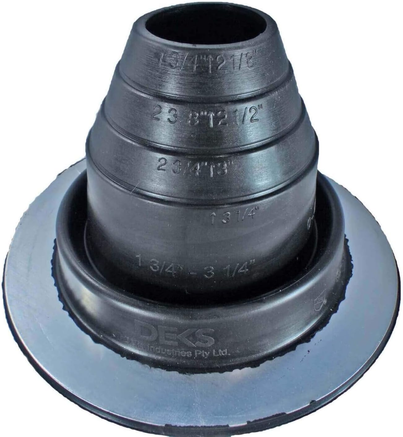 A number 2 size Black Round Pipe Flashing Boot. The boot is made of Silicone, and the measurements are featured on the side of the boot for reference when cutting.