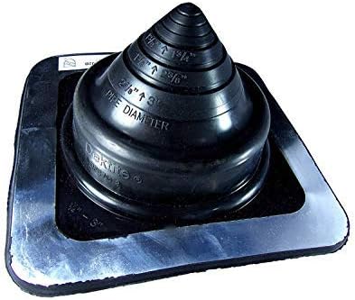 A number 2 size Black Square Pipe Flashing Boot. The boot is made of Silicone, and the measurements are featured on the side of the boot for reference when cutting.