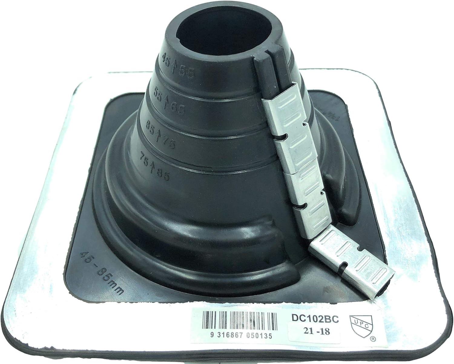 A number 2 size Black Square Pipe Flashing Boot. The boot is made of Silicone, and the measurements are featured on the side of the boot for reference when cutting. The boot features zipper clips on the side for installing over existing pipes.