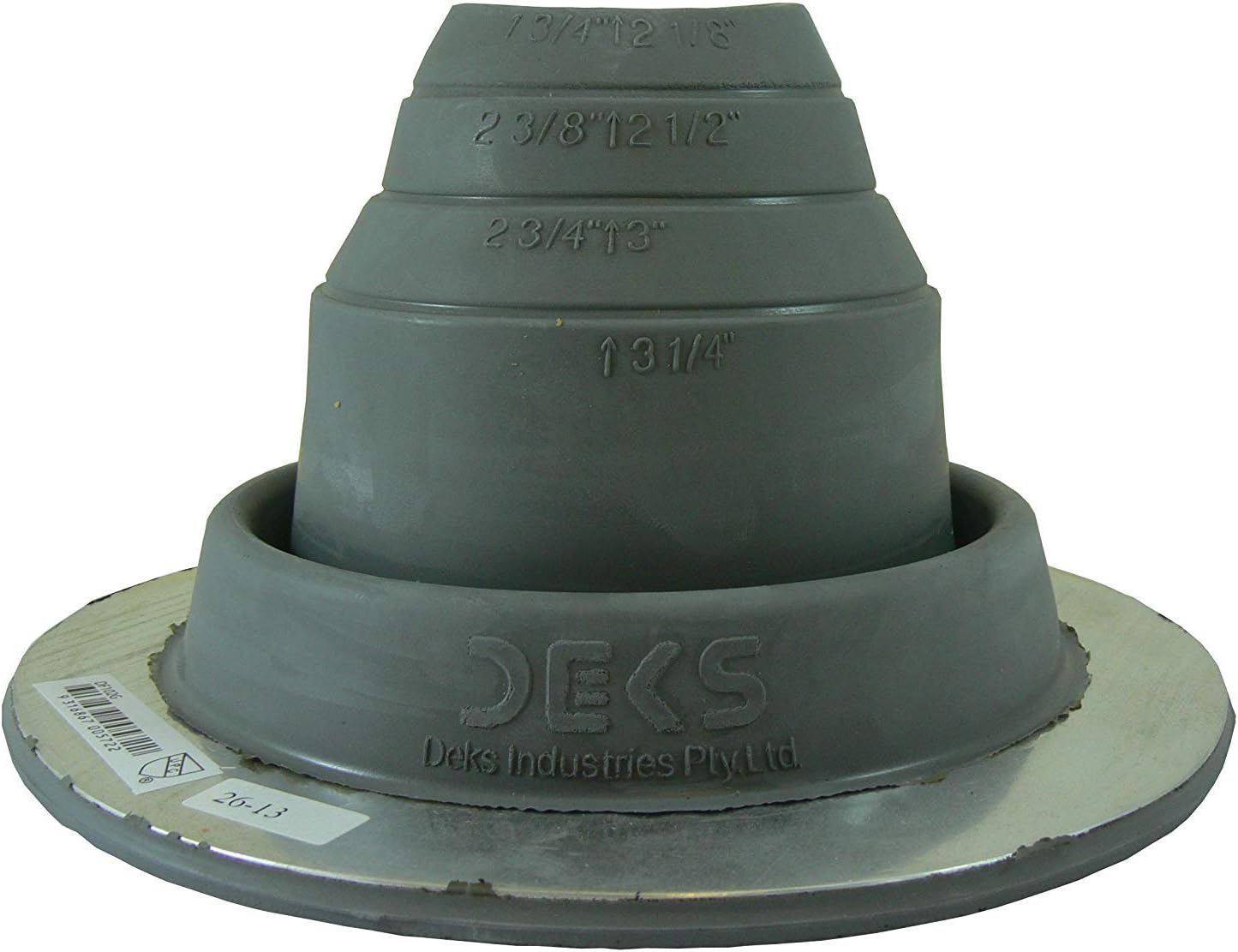 A number 2 size Gray Round Pipe Flashing Boot. The boot is made of Silicone, and the measurements are featured on the side of the boot for reference when cutting.
