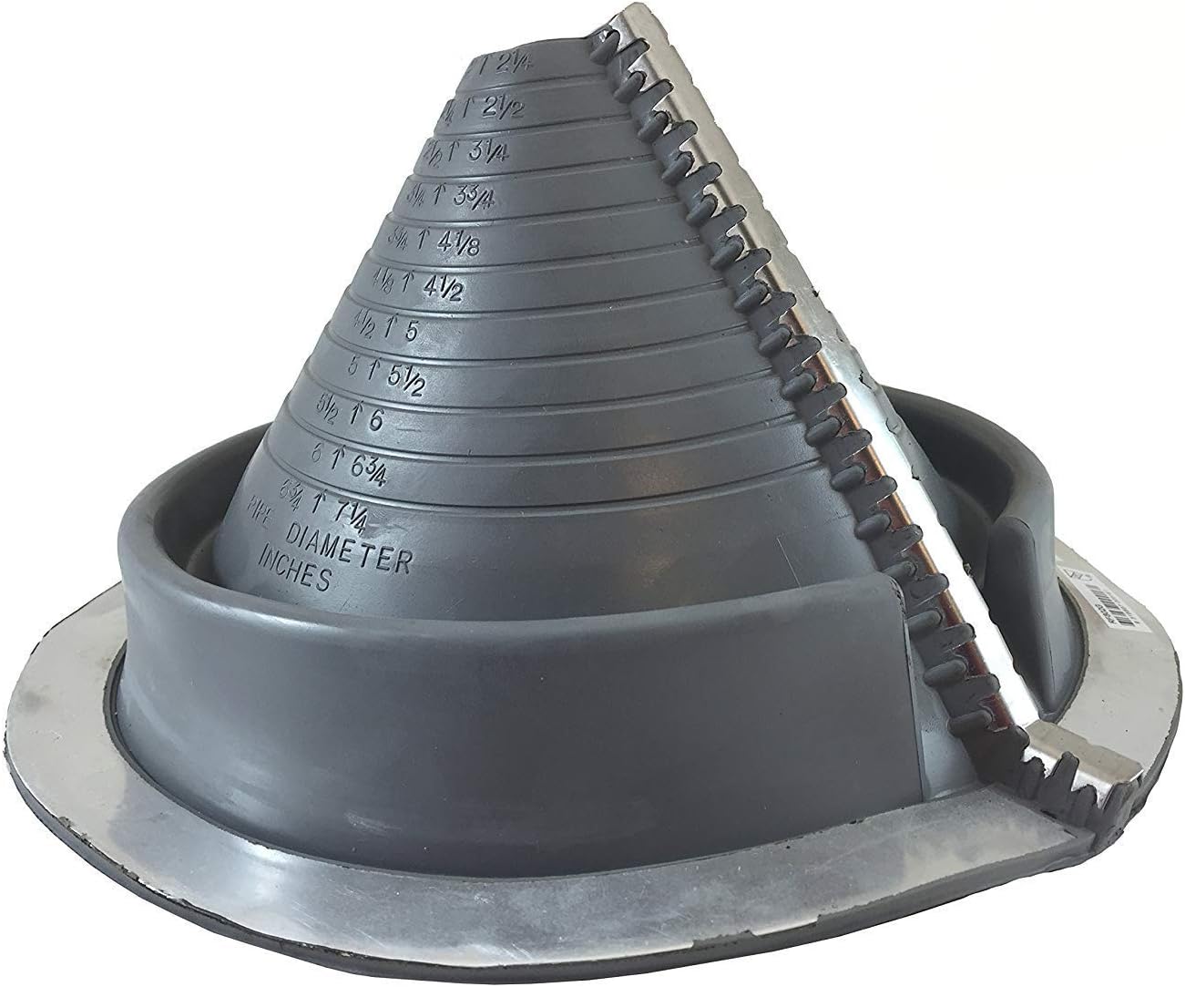 A number 2 size Gray Round Pipe Flashing Boot. The boot is made of Silicone, and the measurements are featured on the side of the boot for reference when cutting. The boot features zipper clips on the side for installing over existing pipes.