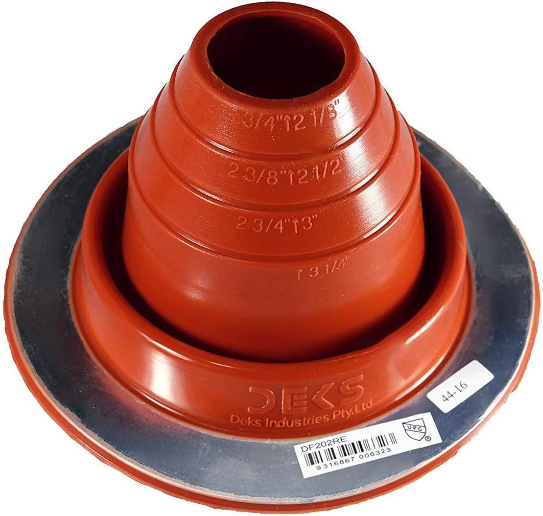 A number 2 size Red Round Metal Roofing Pipe Boot. The boot is made of EPDM and is meant for high temperature applications. The boot also features sizes on the side for reference when cutting.