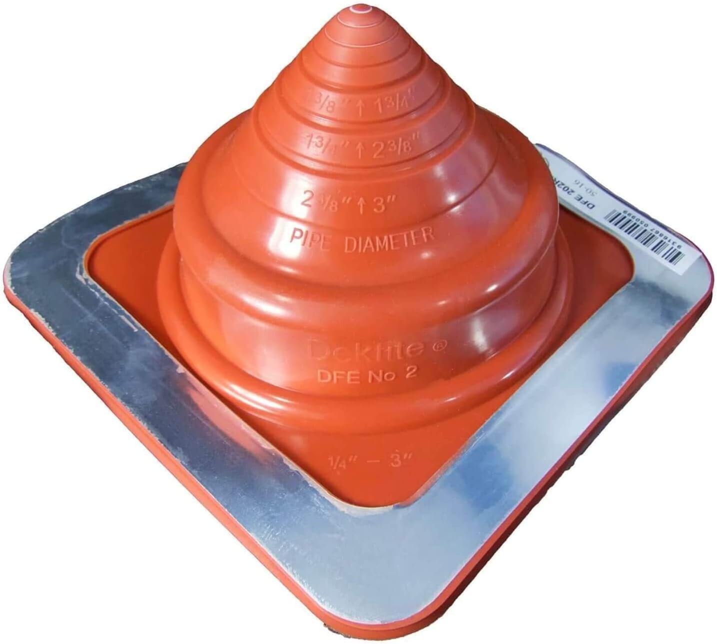 A number 2 size Red Square Metal Roofing Pipe Boot. The boot is made of EPDM and is meant for high temperature applications. The boot features dimensions on the side for reference when cutting.