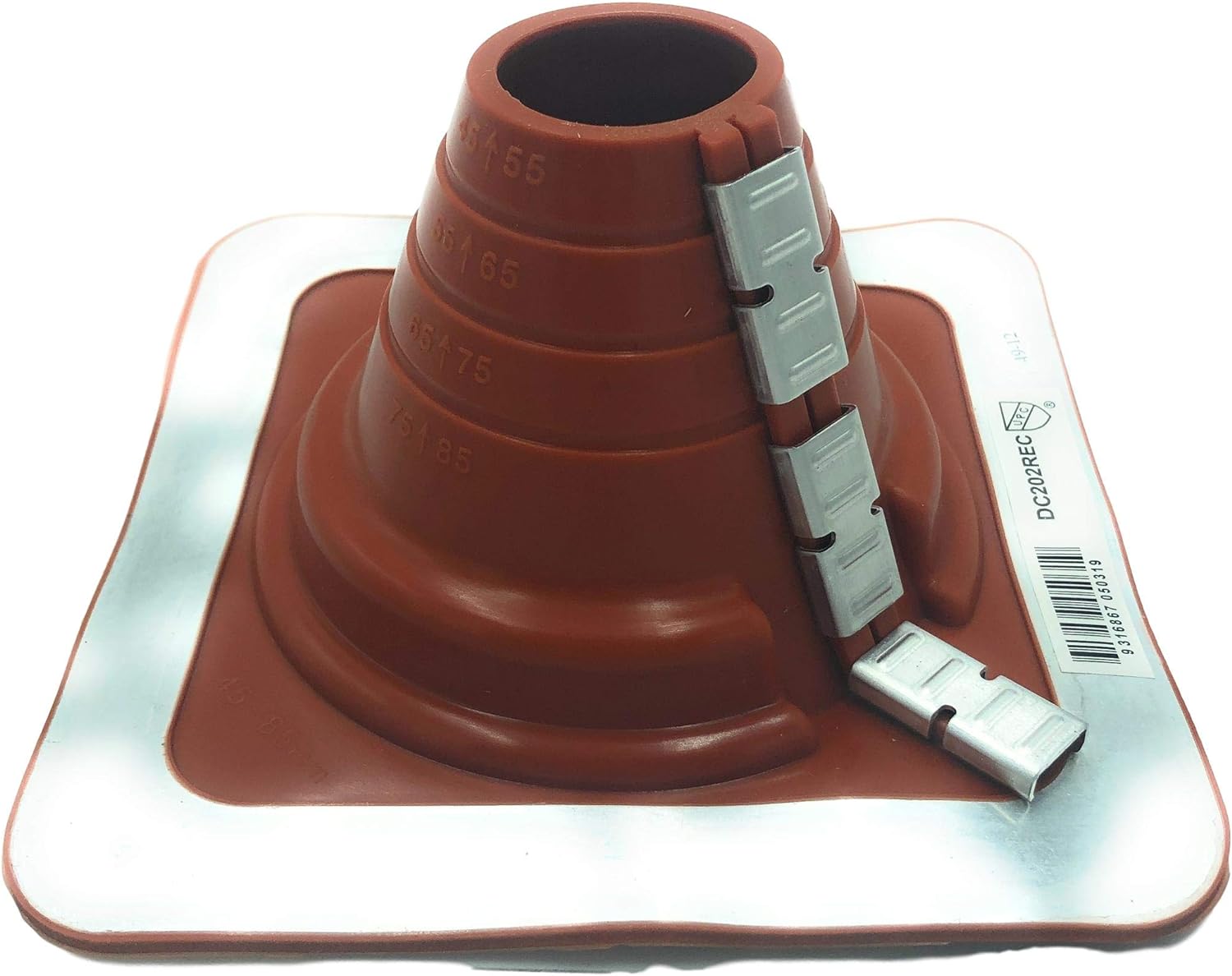 A number 2 size Red Square Base Pipe Flashing Boot. The boot is made of EPDM and is meant for high temperature applications. The boot features zipper clips on the side for installing over existing pipes.