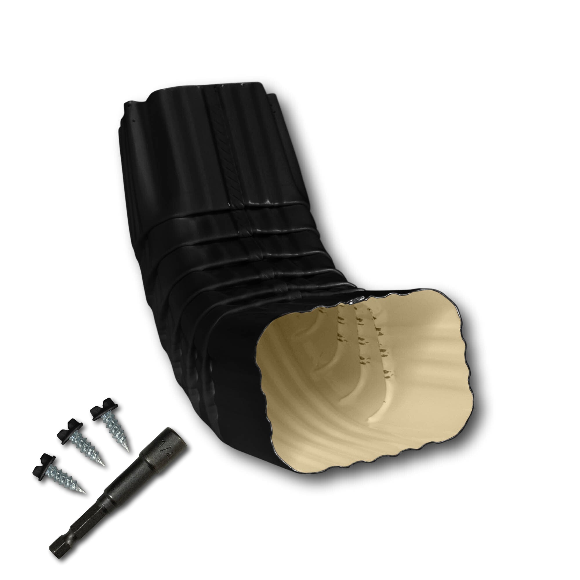 A Painted Aluminum Gutter Downspout Elbow that is Black in color. Matching screws and hex bit driver are included.