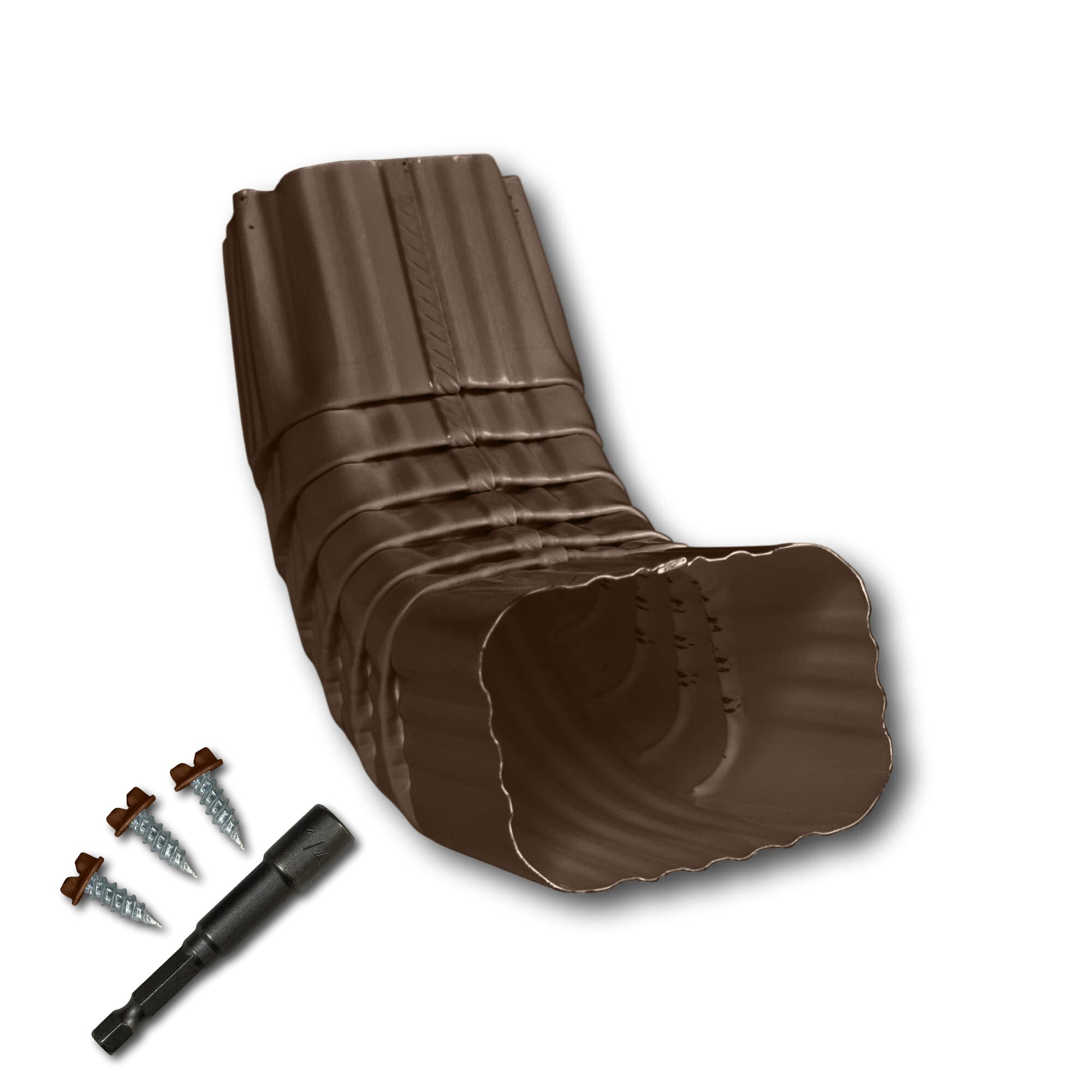 A Painted Aluminum Gutter Downspout Elbow that is Brown in color. Matching screws and hex bit driver are included.