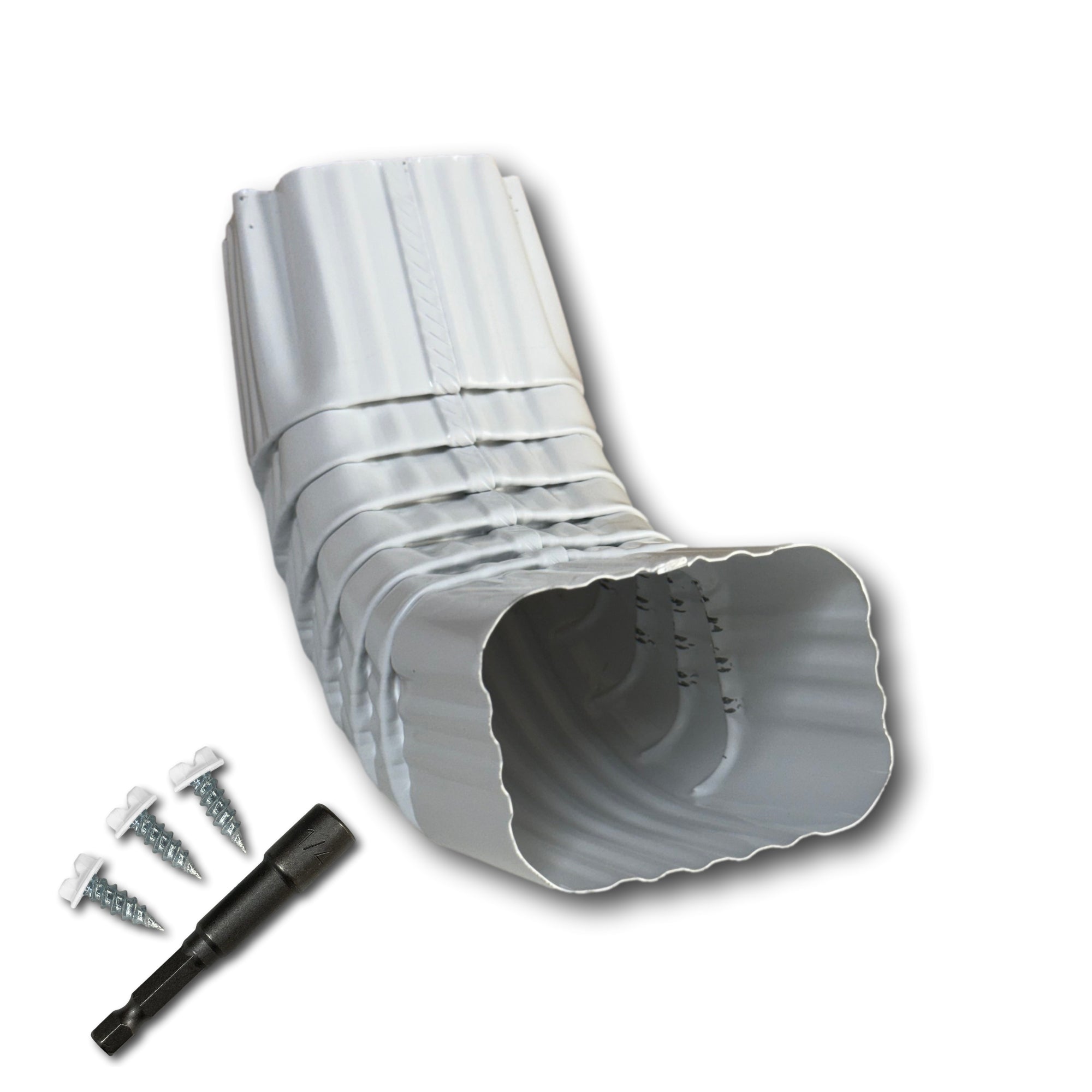 A Painted Aluminum Gutter Downspout Elbow that is White in color. Matching screws and hex bit driver are included.
