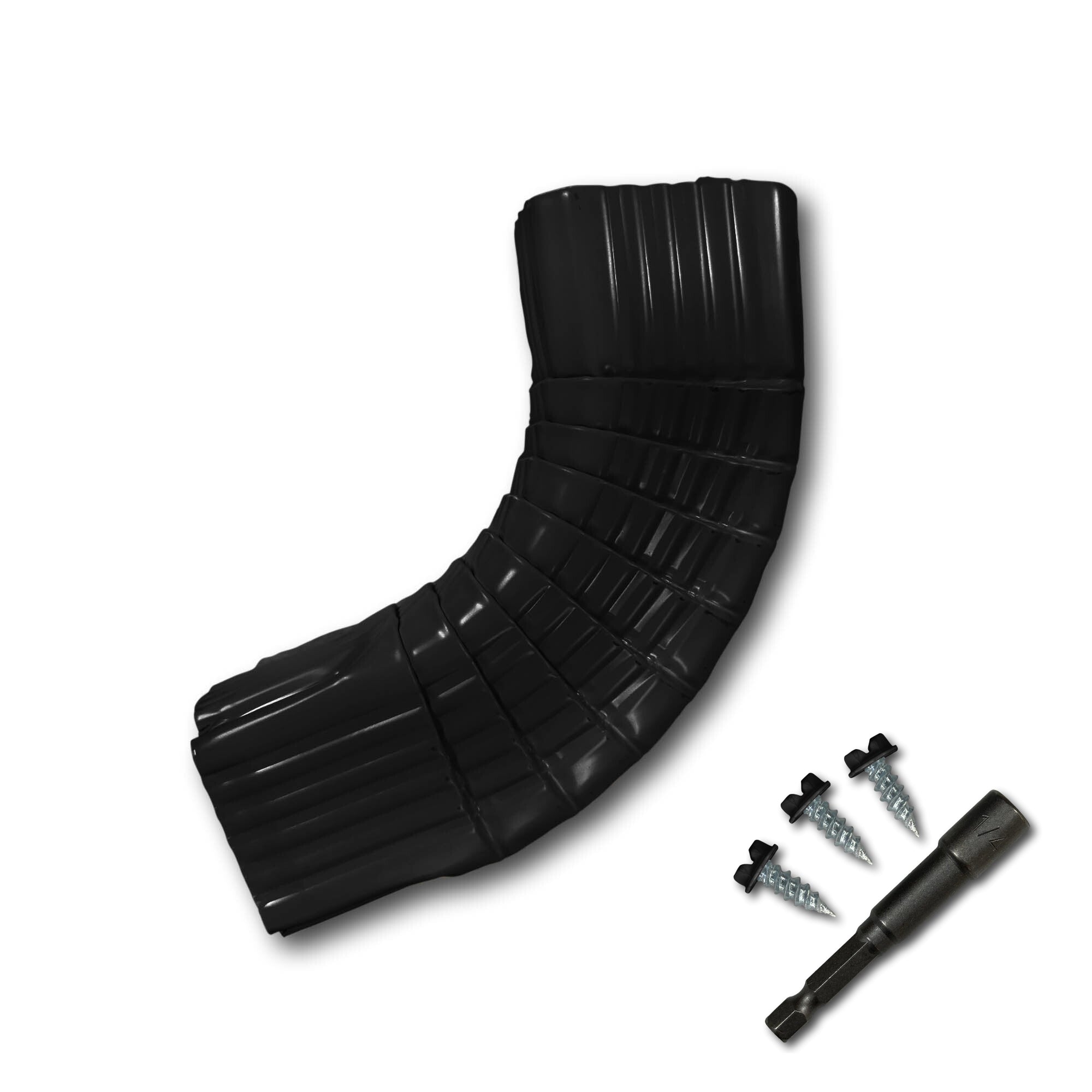 A Painted Aluminum Gutter Downspout Elbow that is Black in color. Matching screws and hex bit driver are included.